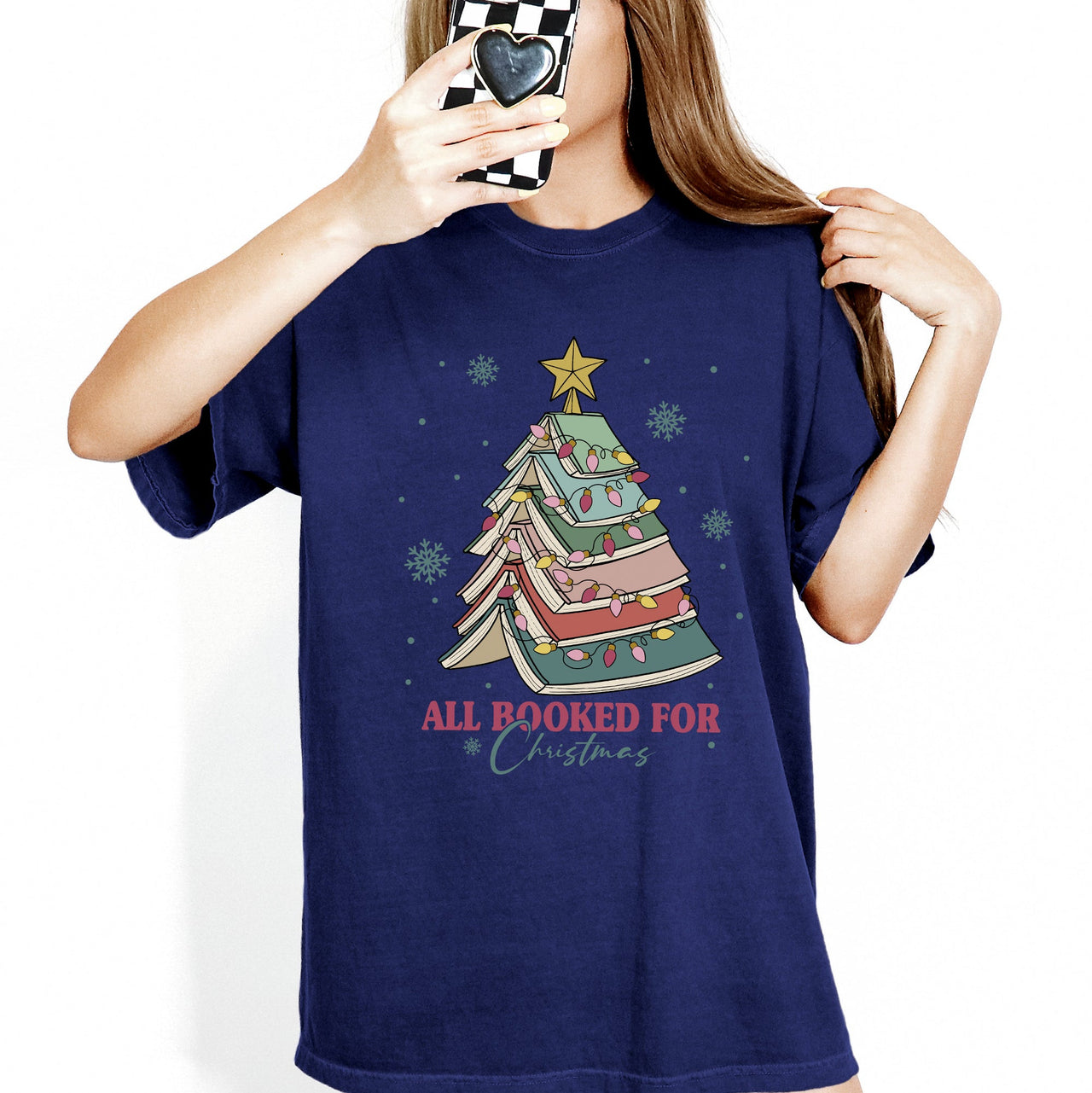 All Booked For Christmas Reading Teacher Winter Santa Xmas Holiday Edition Comfort Colors Tee