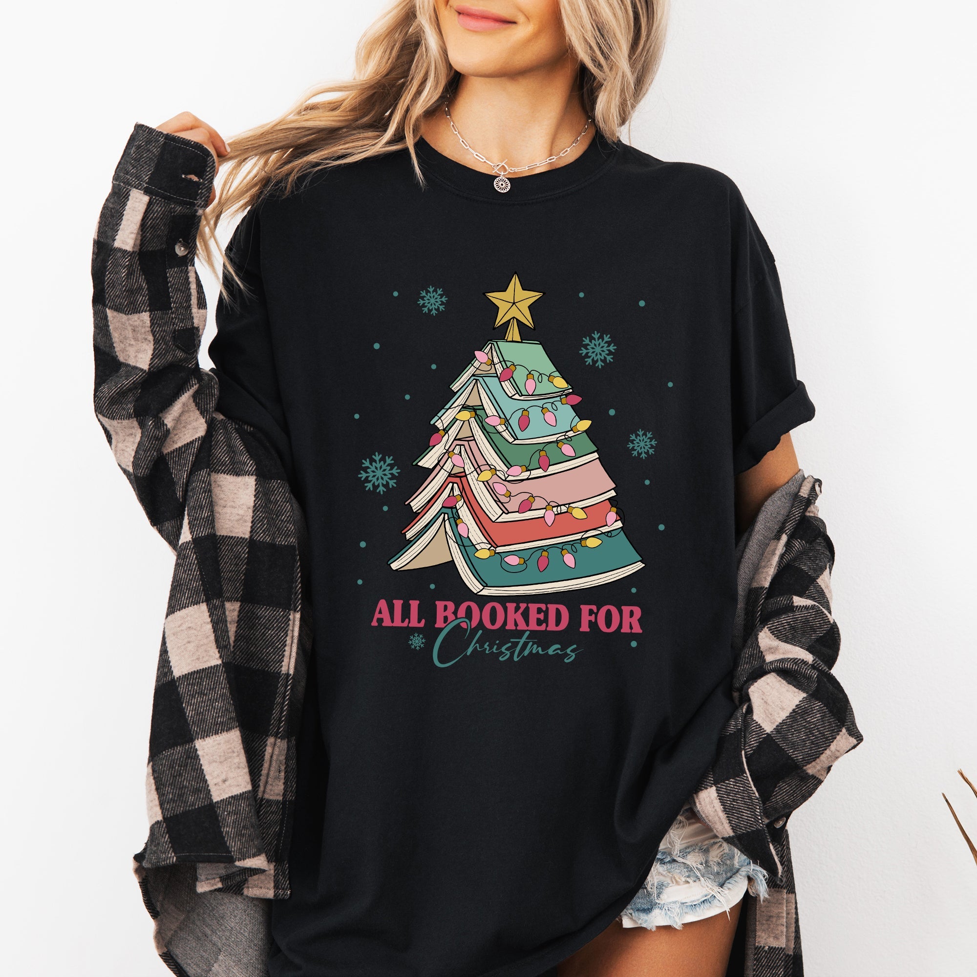 All Booked For Christmas Reading Teacher Winter Santa Xmas Holiday Edition Comfort Colors Tee