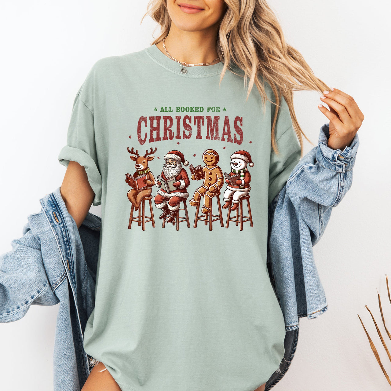 All Booked For Christmas Reindeer Santa Snowman Teacher Books Comfort Colors Tee