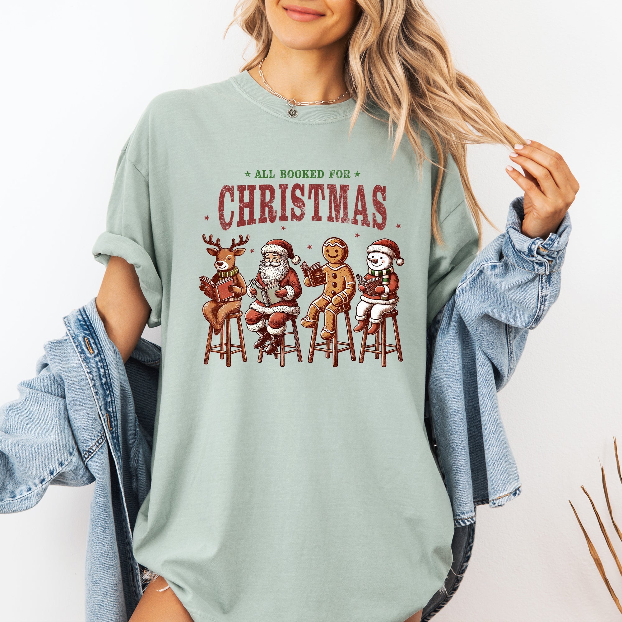 All Booked For Christmas Reindeer Santa Snowman Teacher Books Comfort Colors Tee