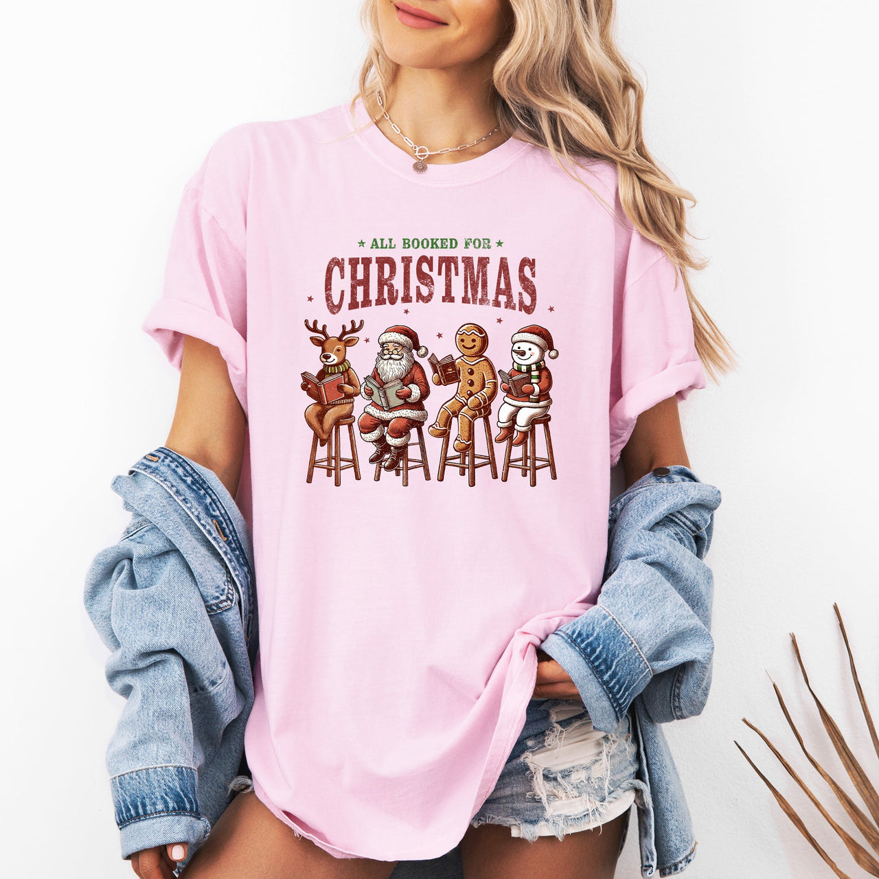 All Booked For Christmas Reindeer Santa Snowman Teacher Books Comfort Colors Tee