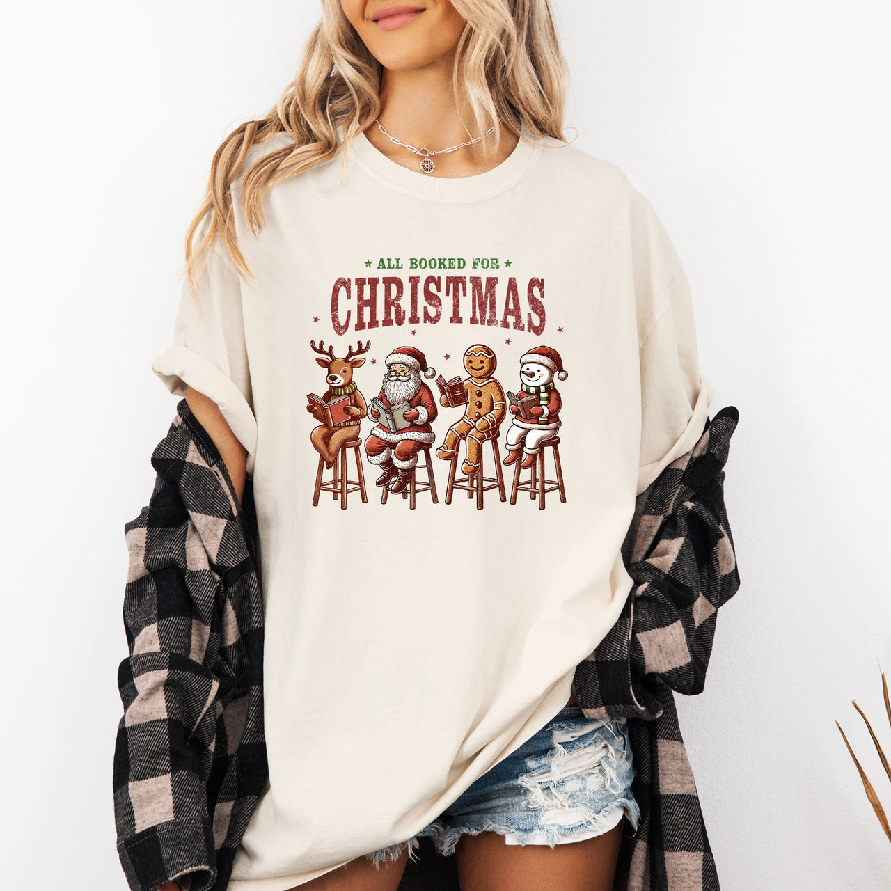 All Booked For Christmas Reindeer Santa Snowman Teacher Books Comfort Colors Tee