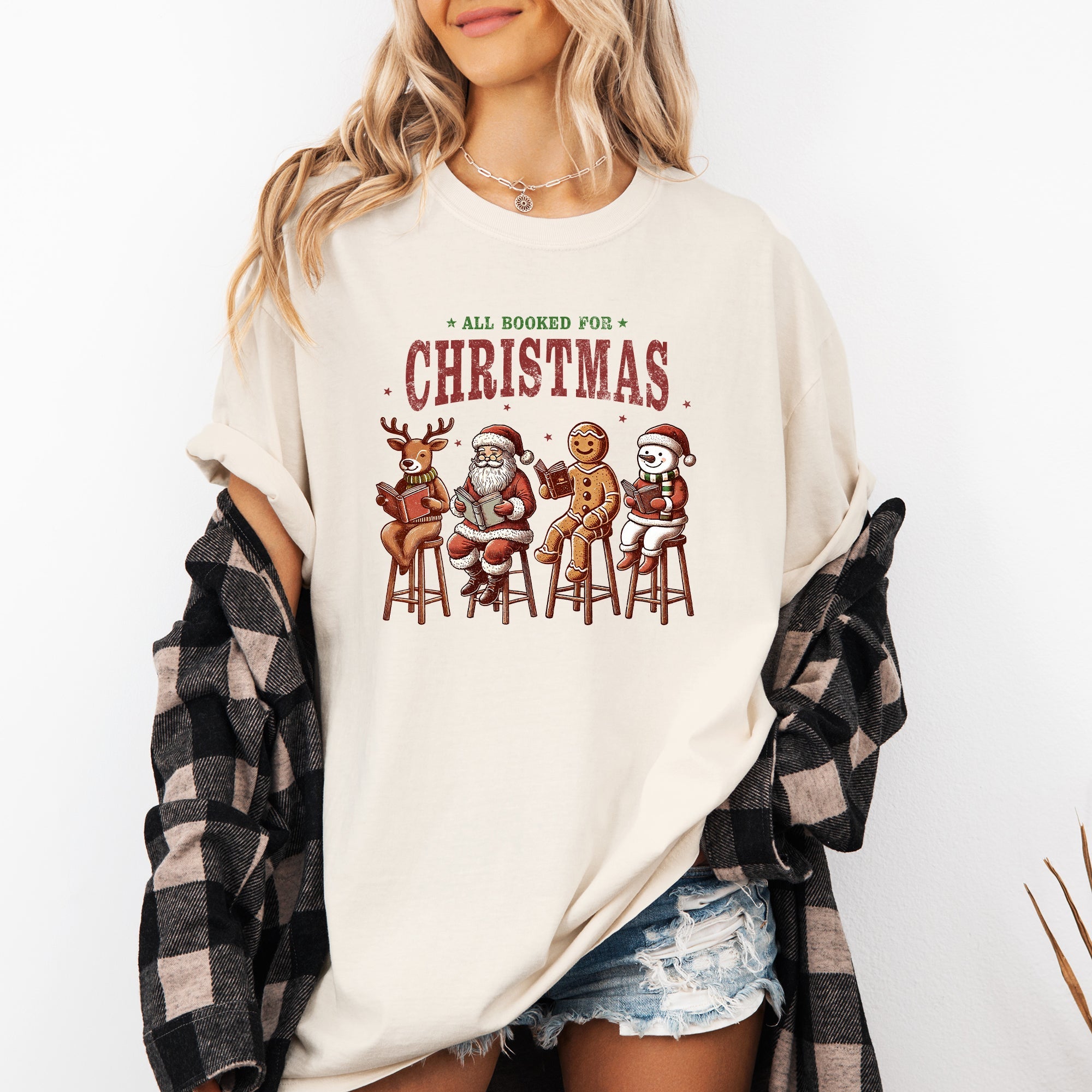 All Booked For Christmas Reindeer Santa Snowman Teacher Books Comfort Colors Tee