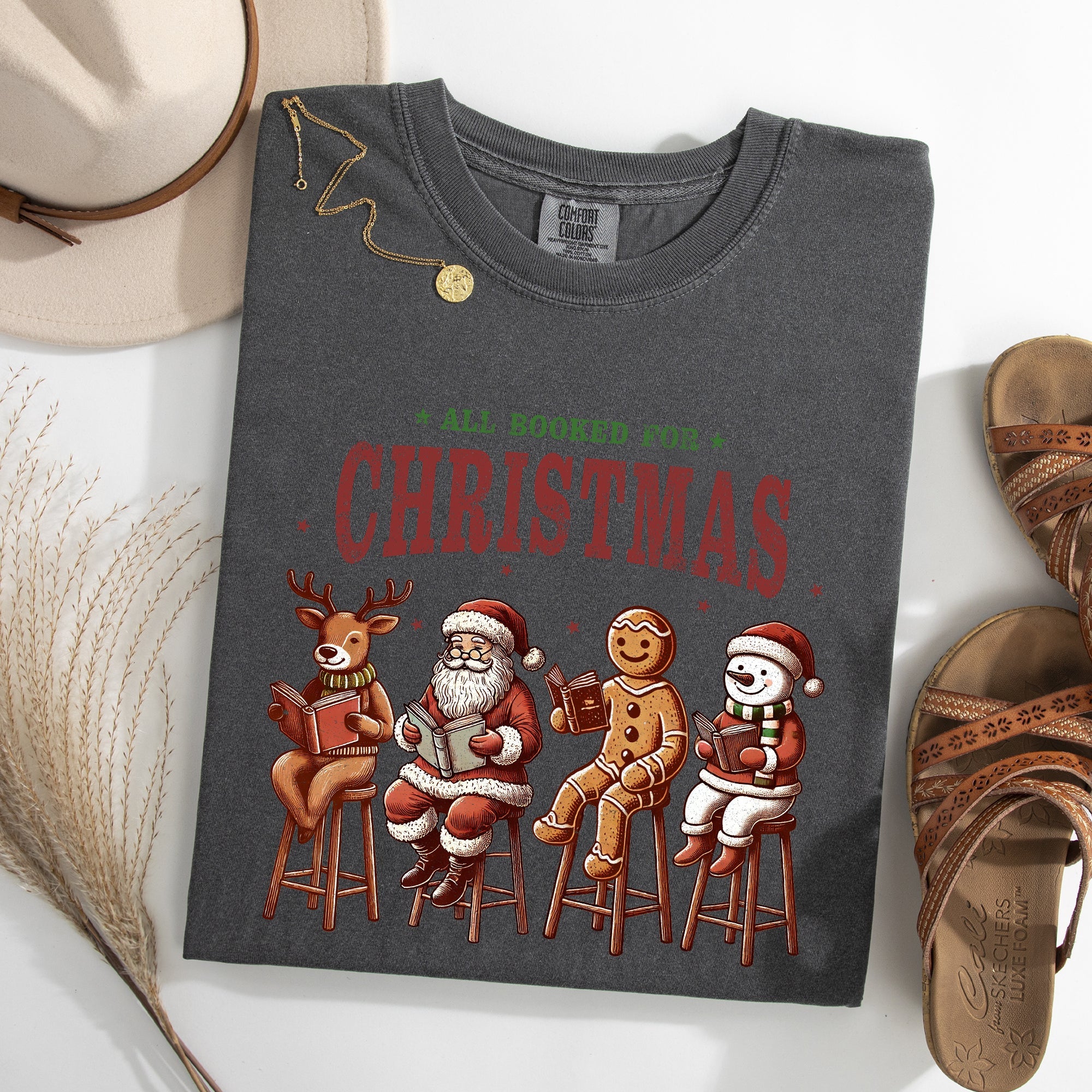 All Booked For Christmas Reindeer Santa Snowman Teacher Books Comfort Colors Tee