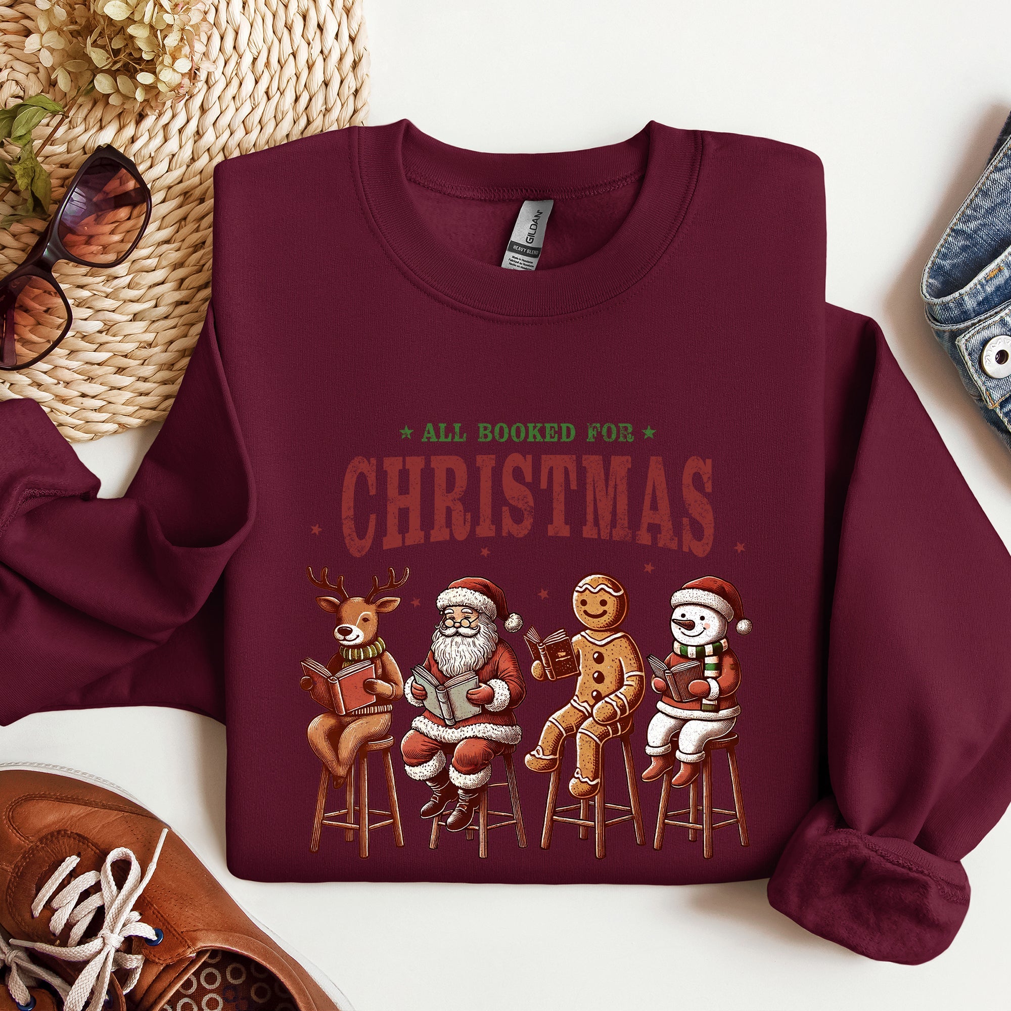 All Booked For Christmas Reindeer Santa Snowman Teacher Books Holiday Sweatshirt