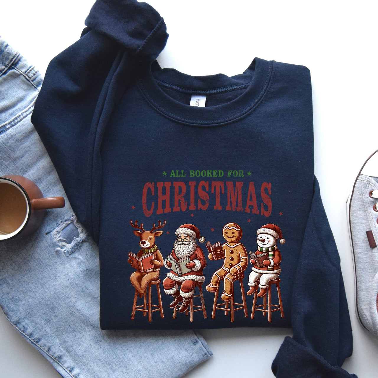 All Booked For Christmas Reindeer Santa Snowman Teacher Books Holiday Sweatshirt