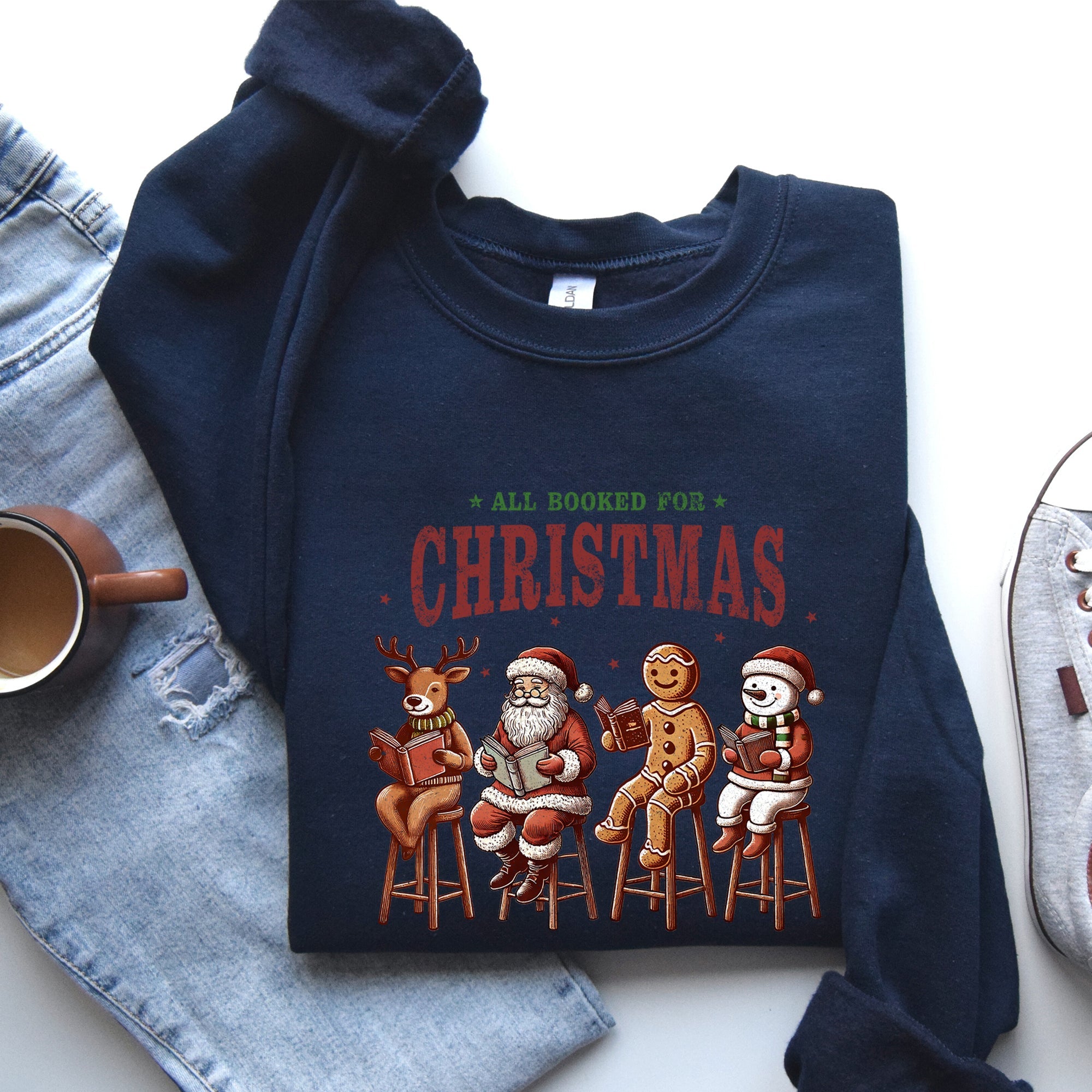 All Booked For Christmas Reindeer Santa Snowman Teacher Books Holiday Sweatshirt