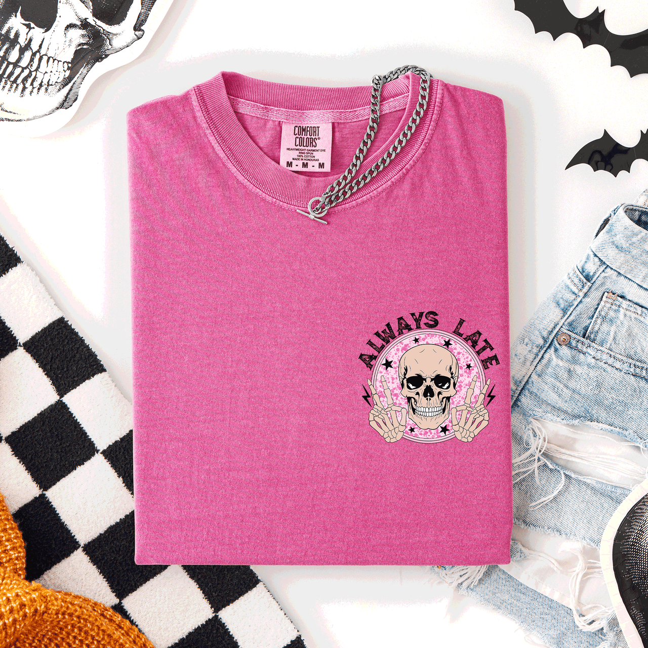 Always Late Skeleton Mood Vibe Pocket Halloween Night Limited Edition Comfort Colors Tee