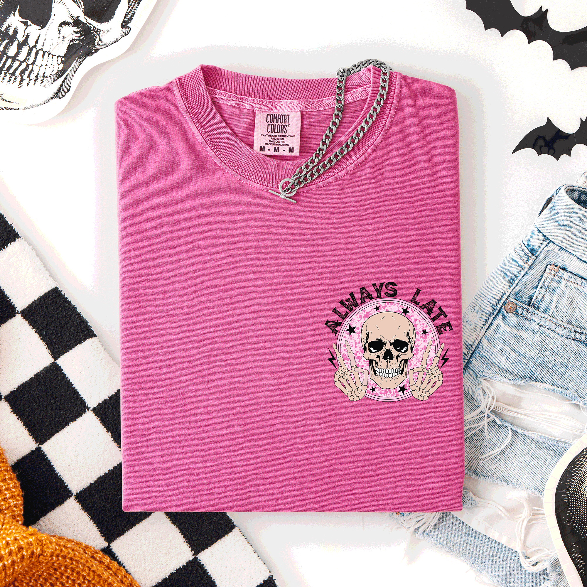 Always Late Skeleton Mood Vibe Pocket Halloween Night Limited Edition Comfort Colors Tee