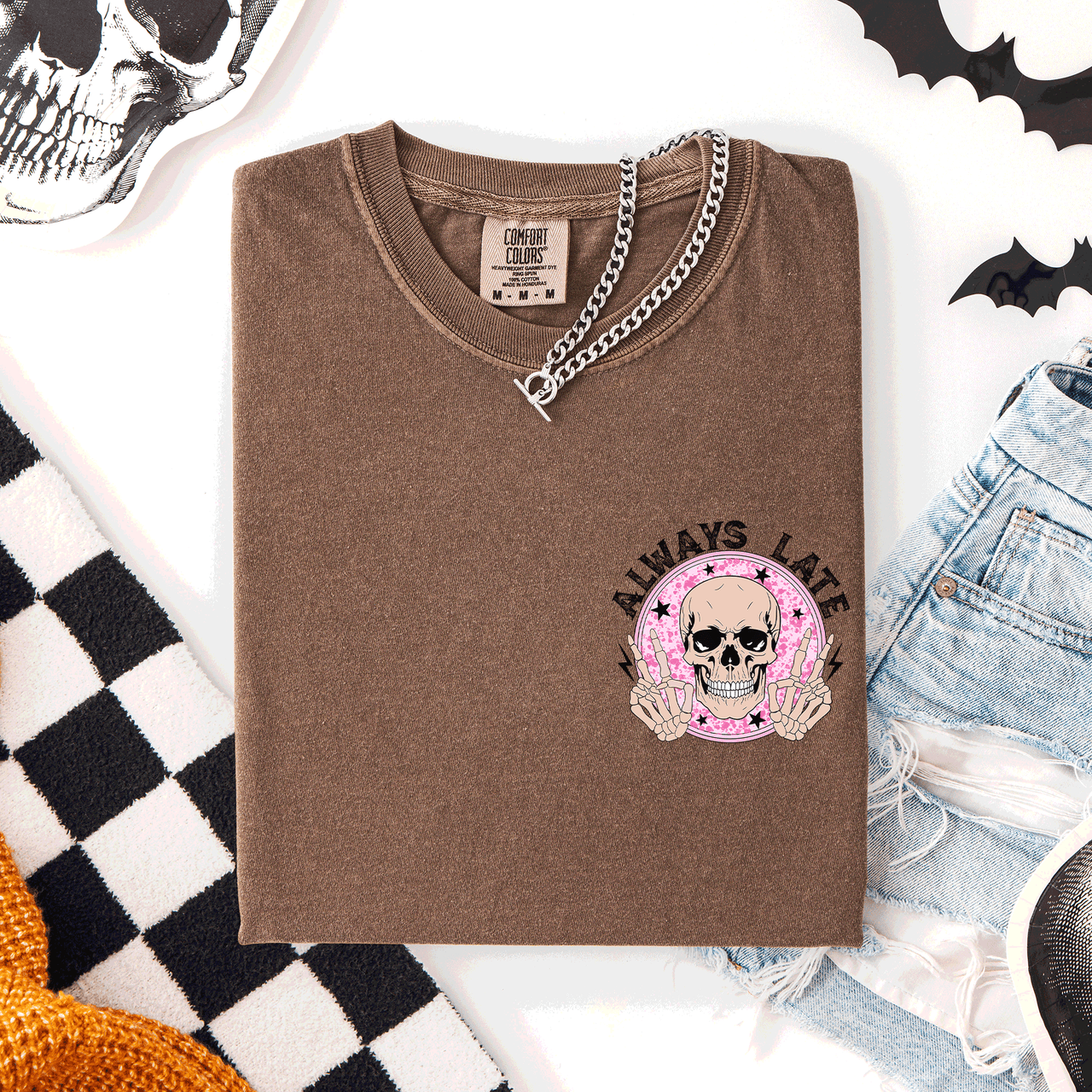 Always Late Skeleton Mood Vibe Pocket Halloween Night Limited Edition Comfort Colors Tee