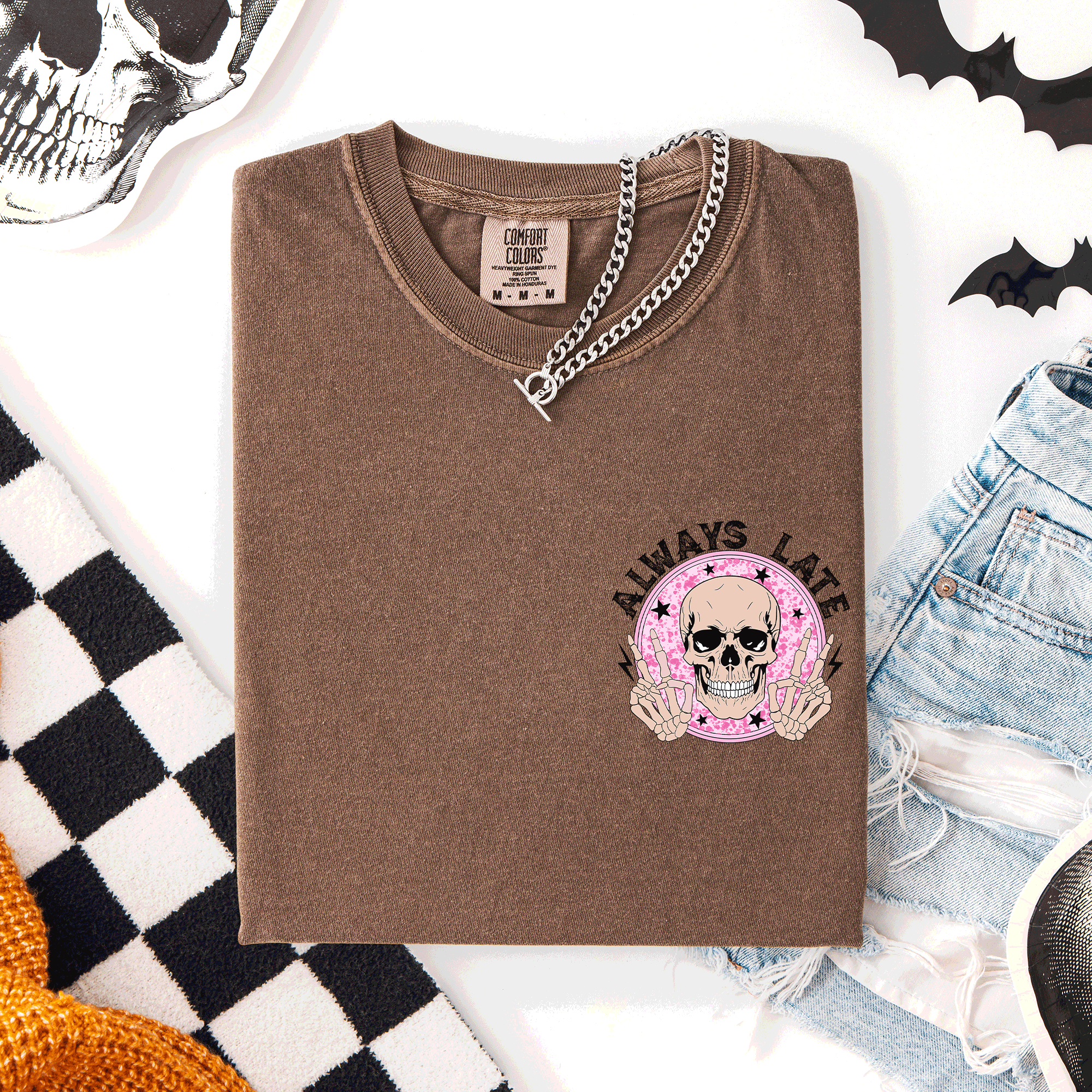 Always Late Skeleton Mood Vibe Pocket Halloween Night Limited Edition Comfort Colors Tee