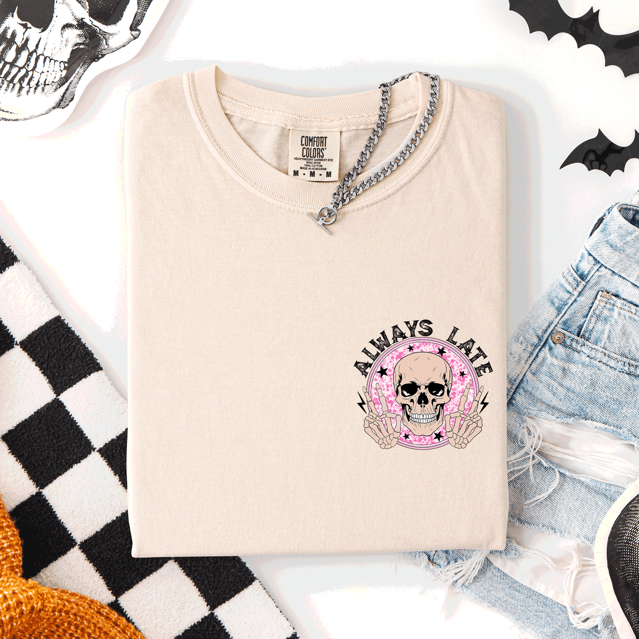 Always Late Skeleton Mood Vibe Pocket Halloween Night Limited Edition Comfort Colors Tee