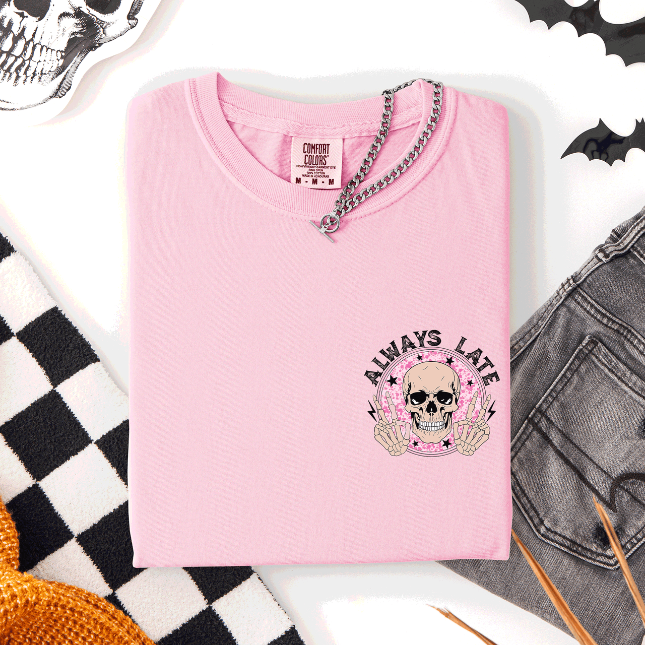Always Late Skeleton Mood Vibe Pocket Halloween Night Limited Edition Comfort Colors Tee