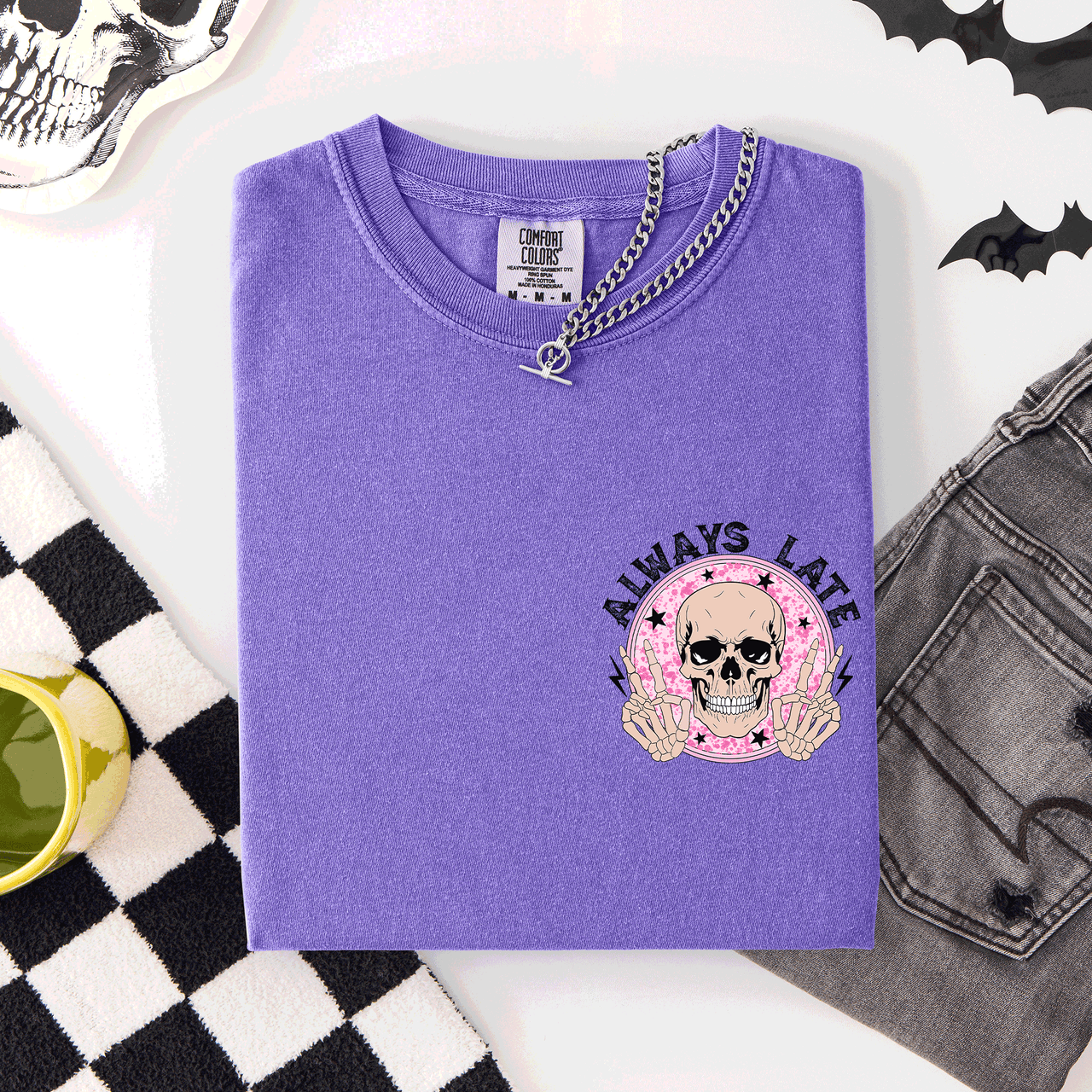 Always Late Skeleton Mood Vibe Pocket Halloween Night Limited Edition Comfort Colors Tee