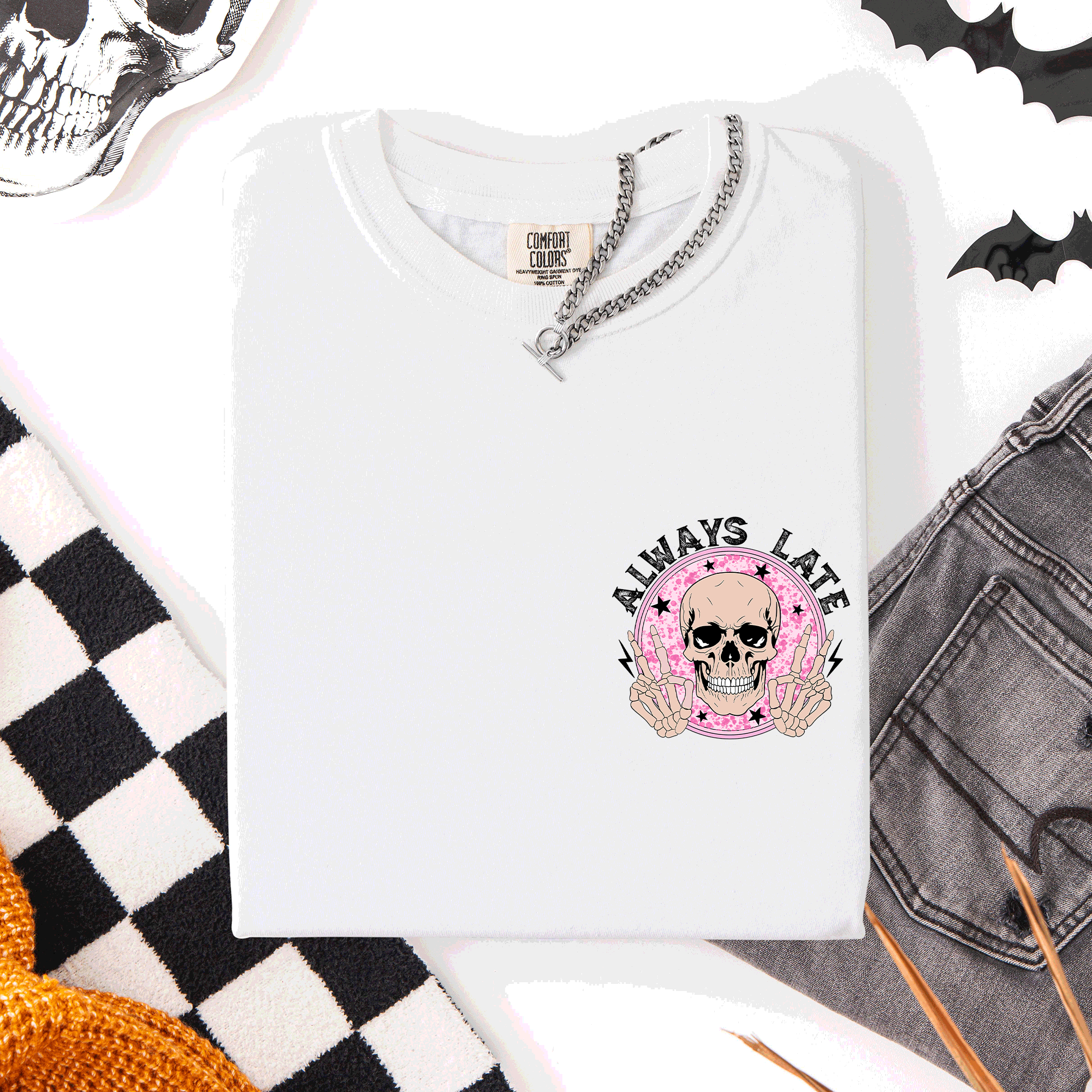 Always Late Skeleton Mood Vibe Pocket Halloween Night Limited Edition Comfort Colors Tee