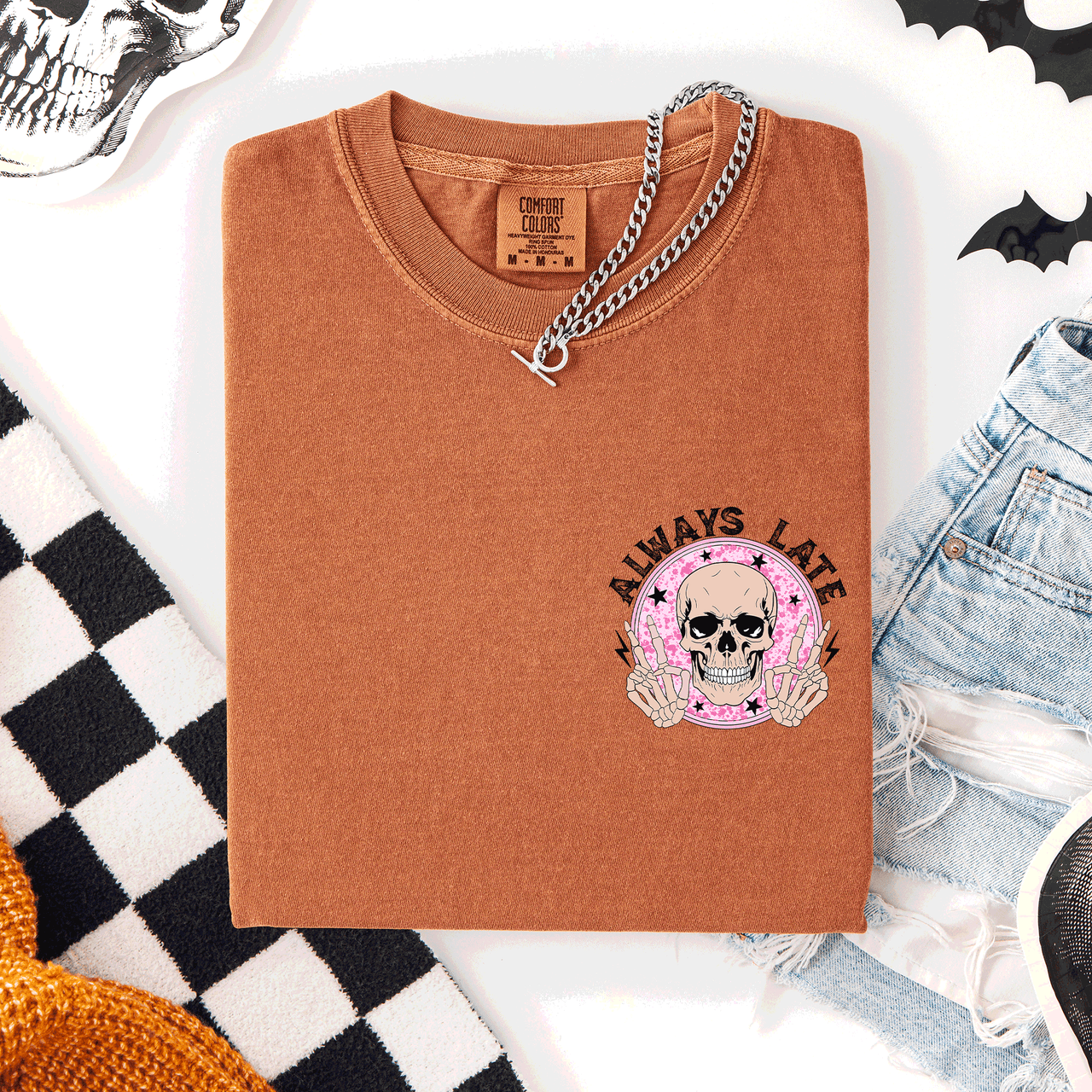 Always Late Skeleton Mood Vibe Pocket Halloween Night Limited Edition Comfort Colors Tee
