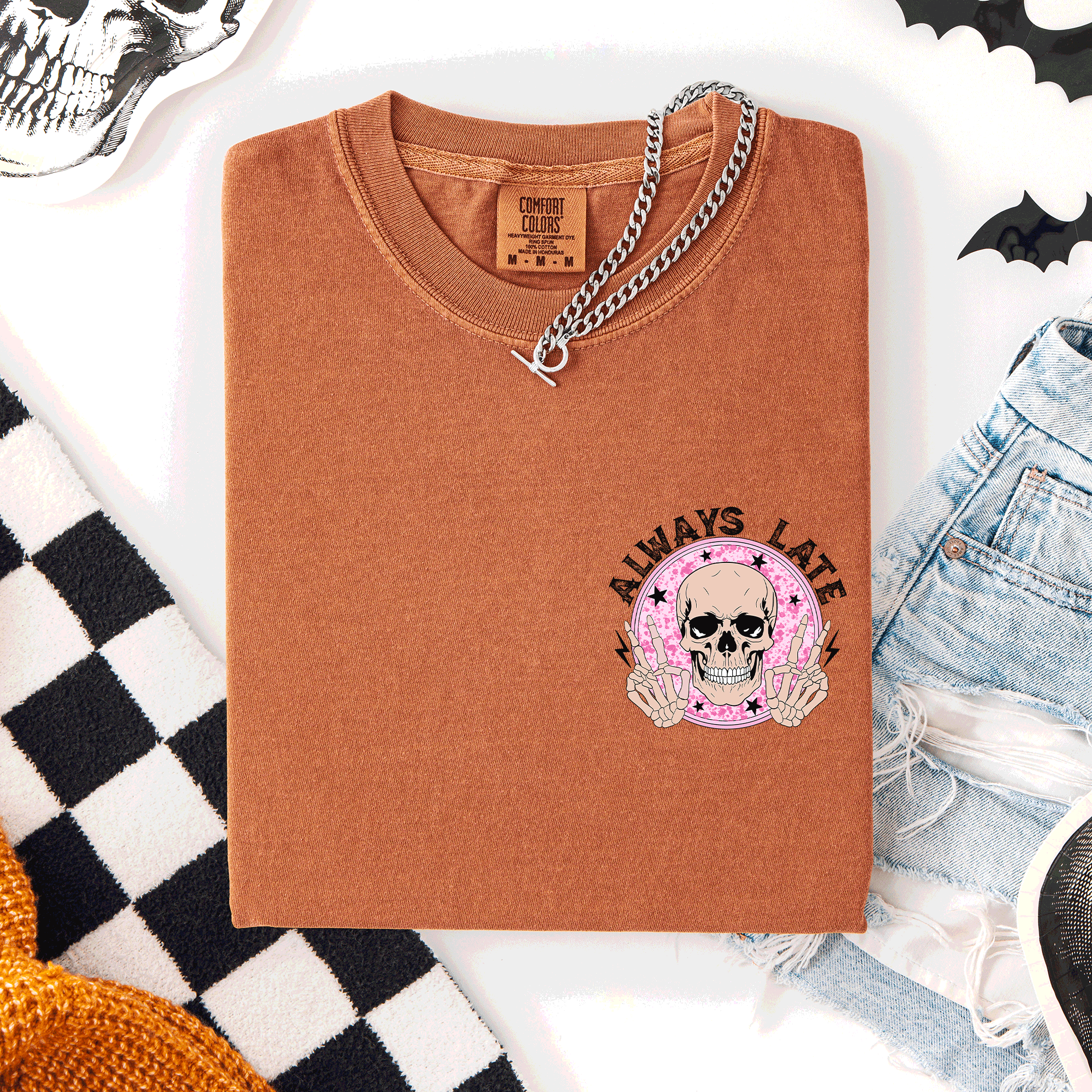 Always Late Skeleton Mood Vibe Pocket Halloween Night Limited Edition Comfort Colors Tee
