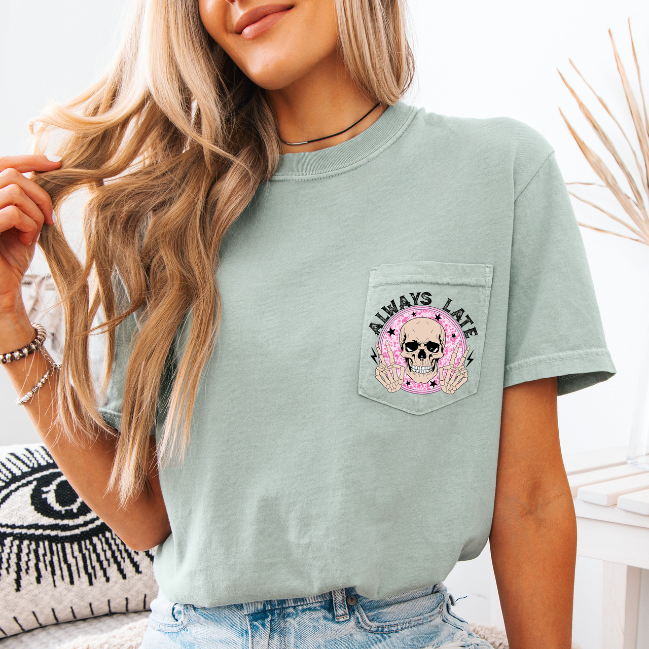 Always Late Skeleton Mood Vibe Pocket Edition Deluxe For Night Owls Comfort Colors Tee
