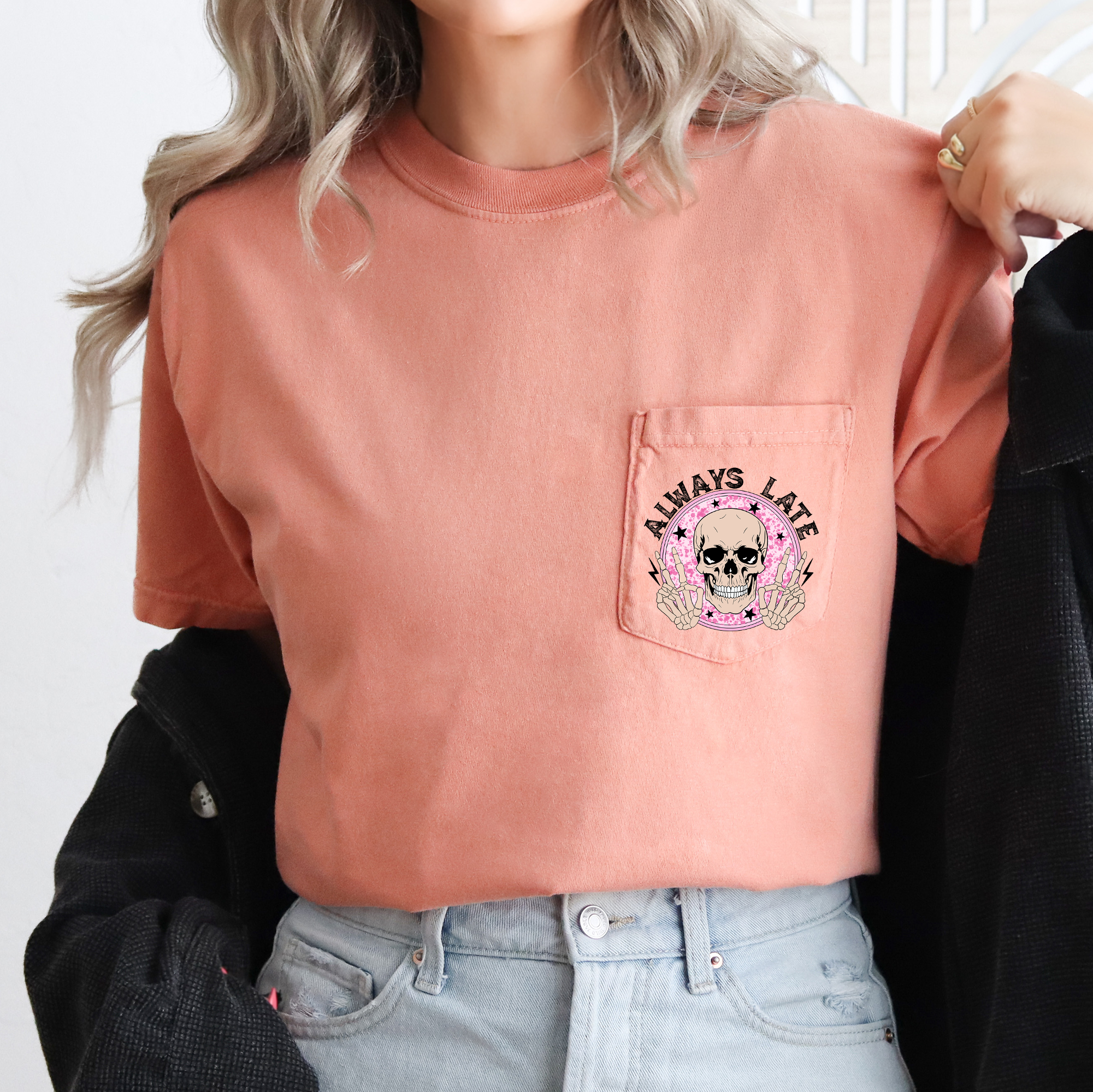 Always Late Skeleton Mood Vibe Pocket Edition Deluxe For Night Owls Comfort Colors Tee