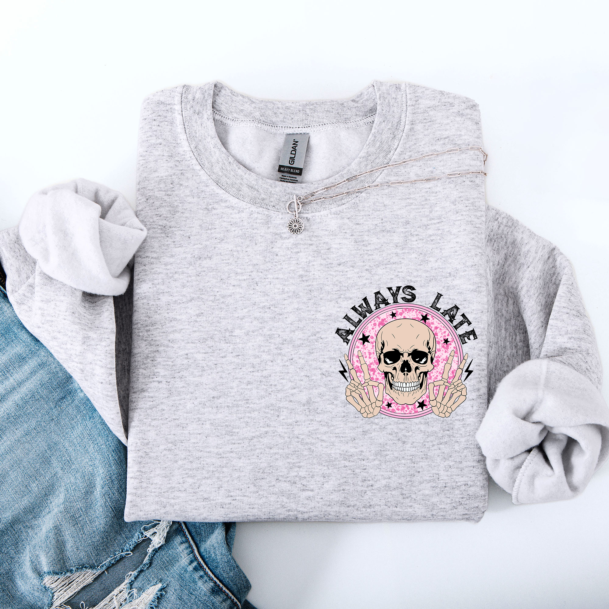 Always Late Skeleton Mood Vibe With A Playful Halloween Spirit And Cozy Pocket Detail Pocket Sweatshirt
