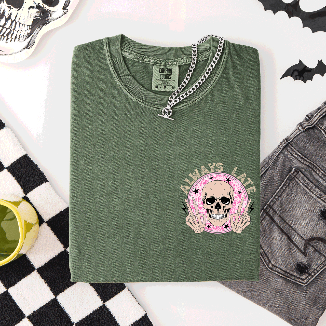 Always Late Skeleton Mood Vibe Pocket Halloween Night Limited Edition Comfort Colors Tee