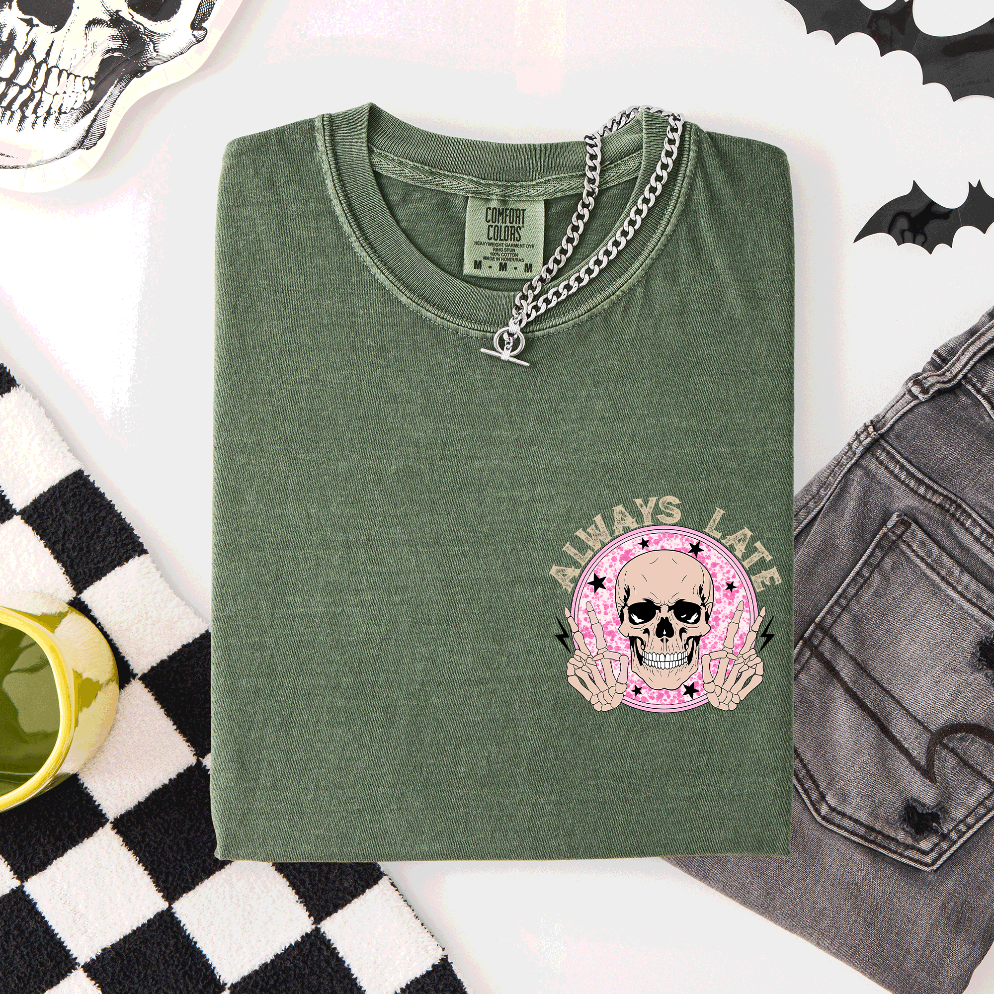 Always Late Skeleton Mood Vibe Pocket Halloween Night Limited Edition Comfort Colors Tee