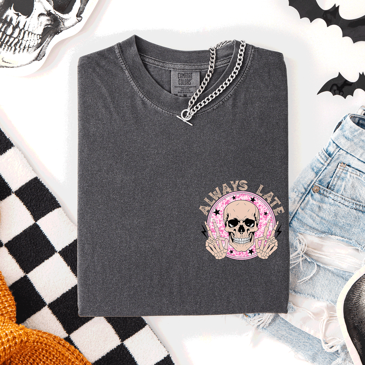 Always Late Skeleton Mood Vibe Pocket Halloween Night Limited Edition Comfort Colors Tee