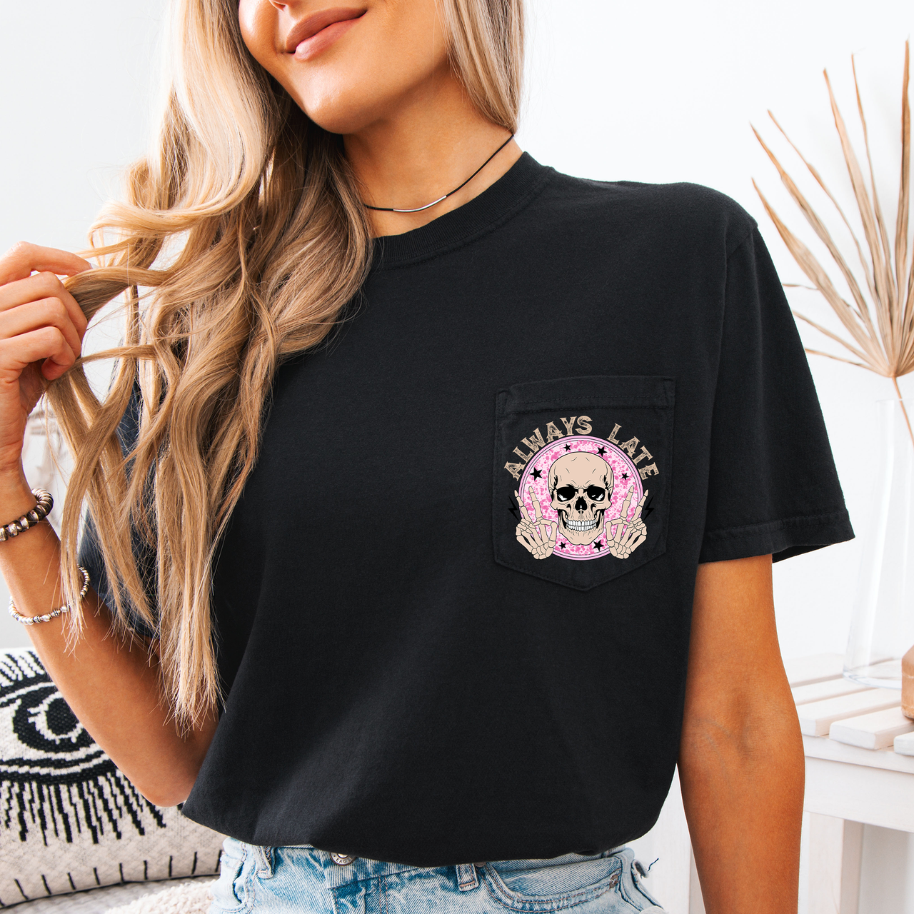 Always Late Skeleton Mood Vibe Pocket Edition Deluxe For Night Owls Comfort Colors Tee