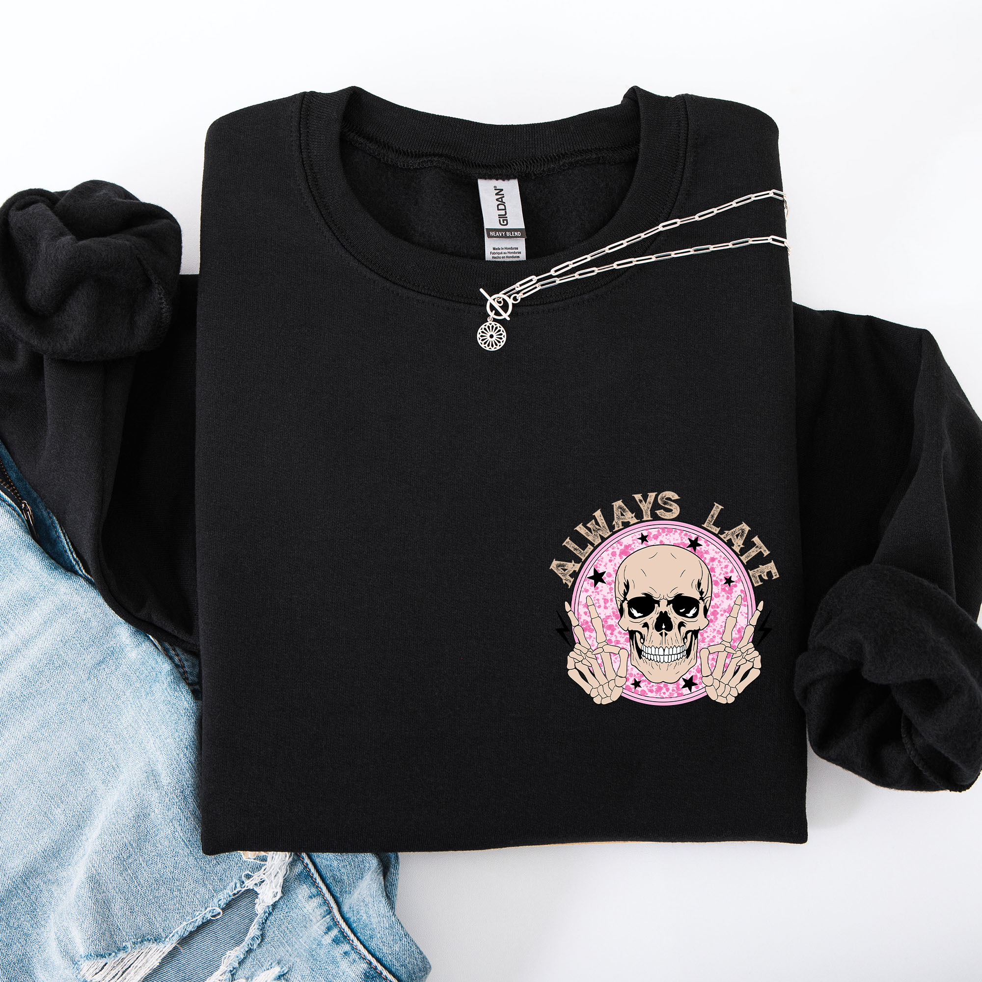 Always Late Skeleton Mood Vibe With A Playful Halloween Spirit And Cozy Pocket Detail Pocket Sweatshirt