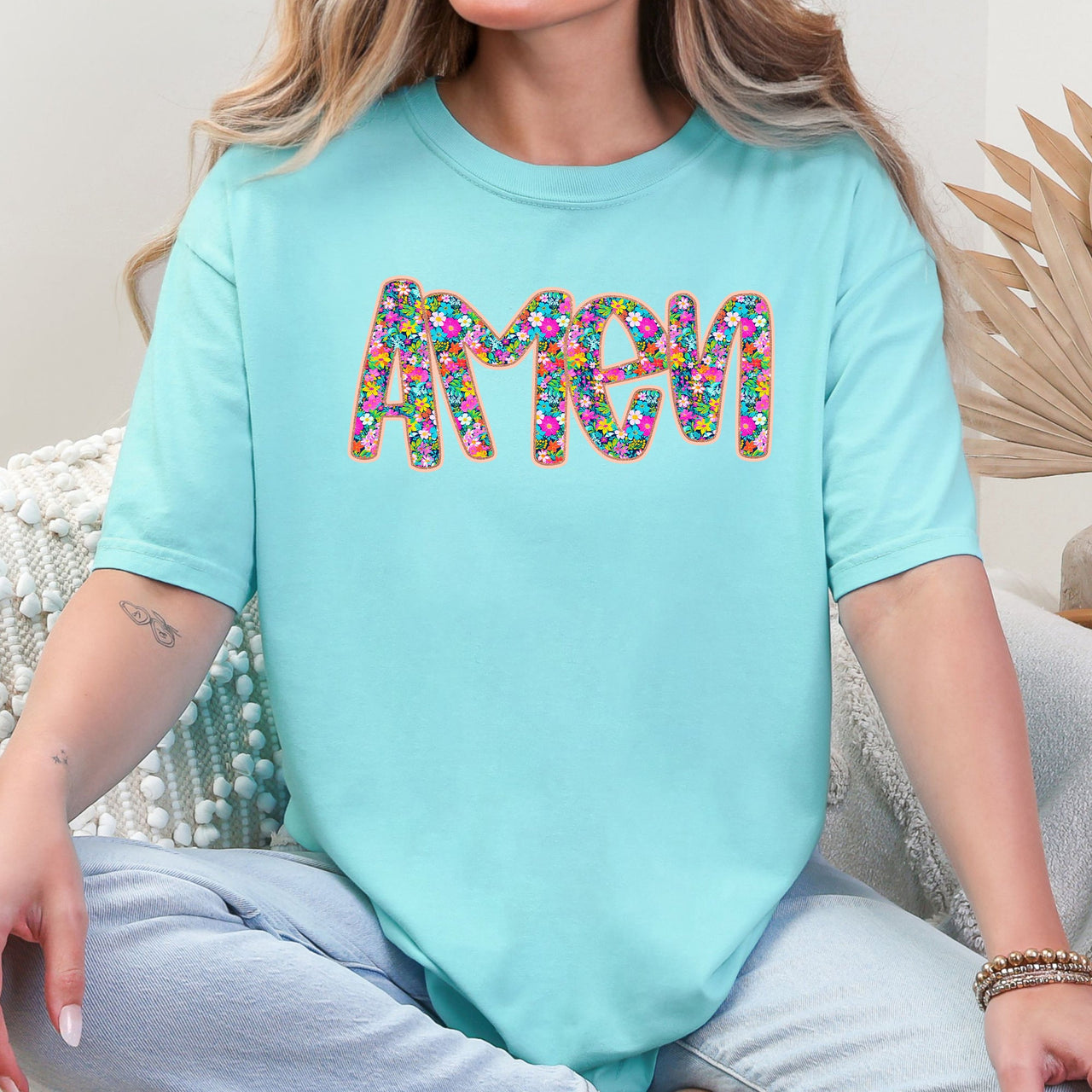 Amen Christian Gospel Faith Floral Flowers Bright Colorful Pastels Comfort Colors Tee