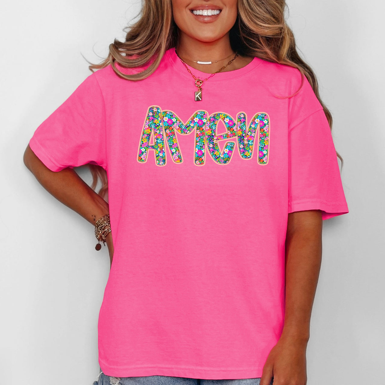 Amen Christian Gospel Faith Floral Flowers Bright Colorful Pastels Comfort Colors Tee