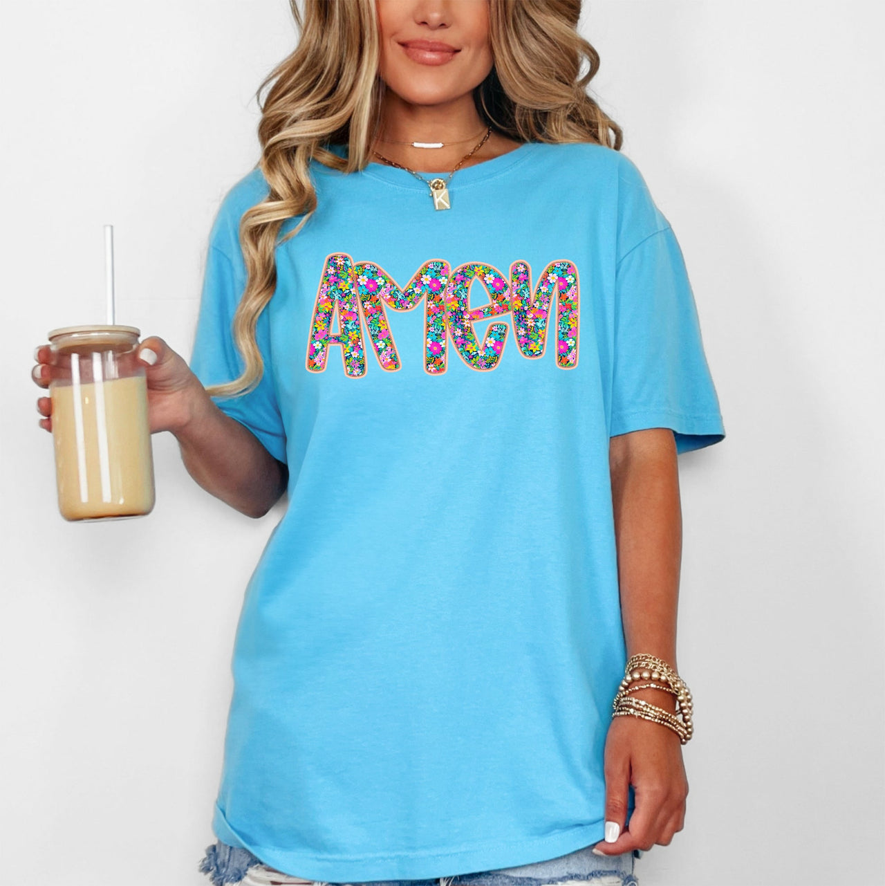 Amen Christian Gospel Faith Floral Flowers Bright Colorful Pastels Comfort Colors Tee
