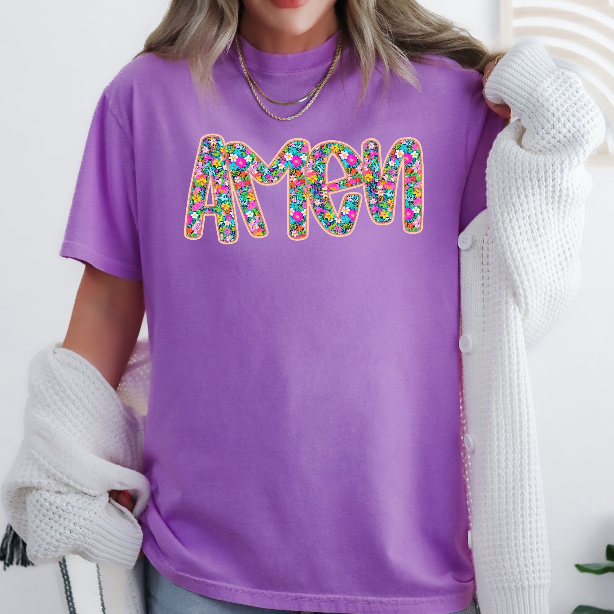 Amen Christian Gospel Faith Floral Flowers Bright Colorful Pastels Comfort Colors Tee