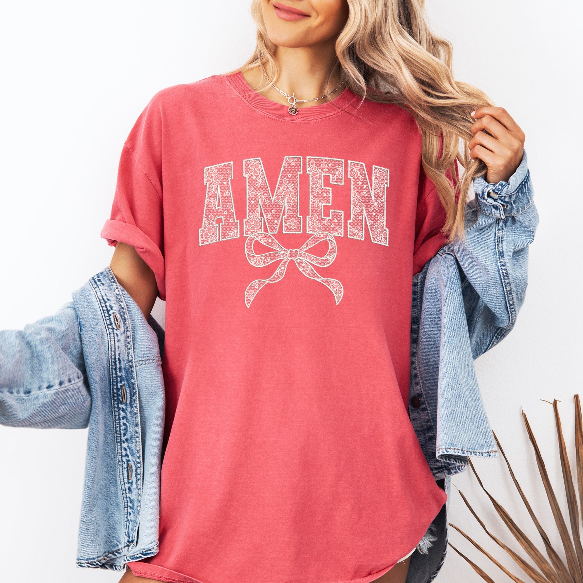 Amen Lace Coquette Ribbon Bow Christian Jesus Gospel Faith Saved Comfort Colors Tee