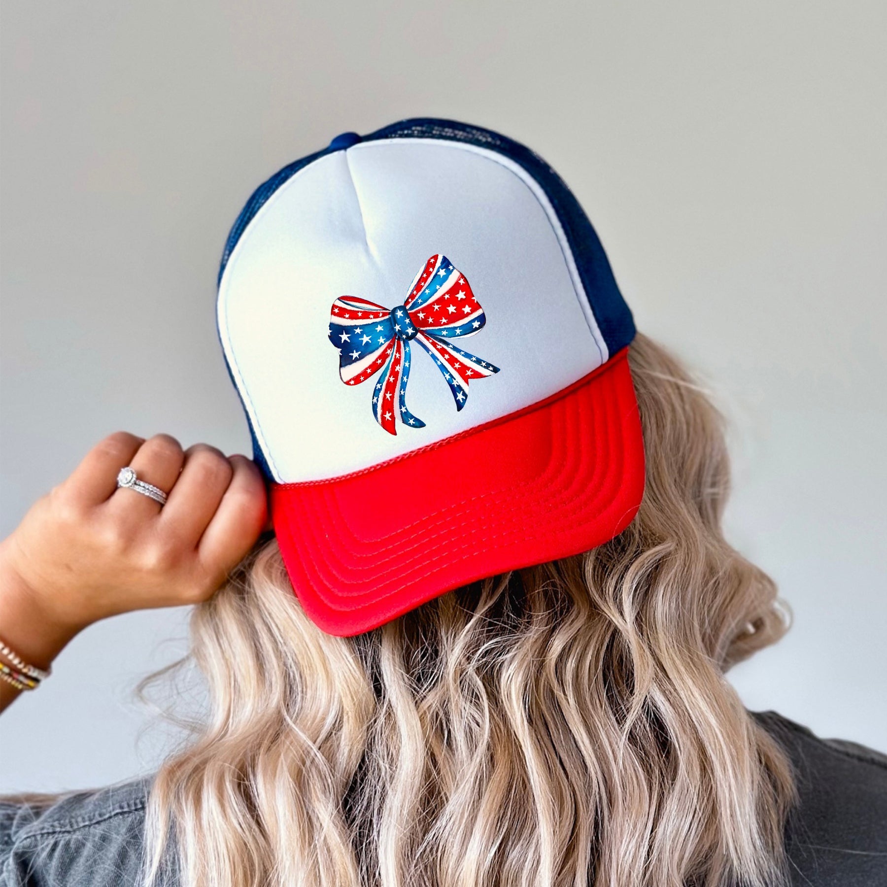 America Ribbon Coquette Patriotic Flag Inspired Stars Stripes Edition Snapback Trucker Hat