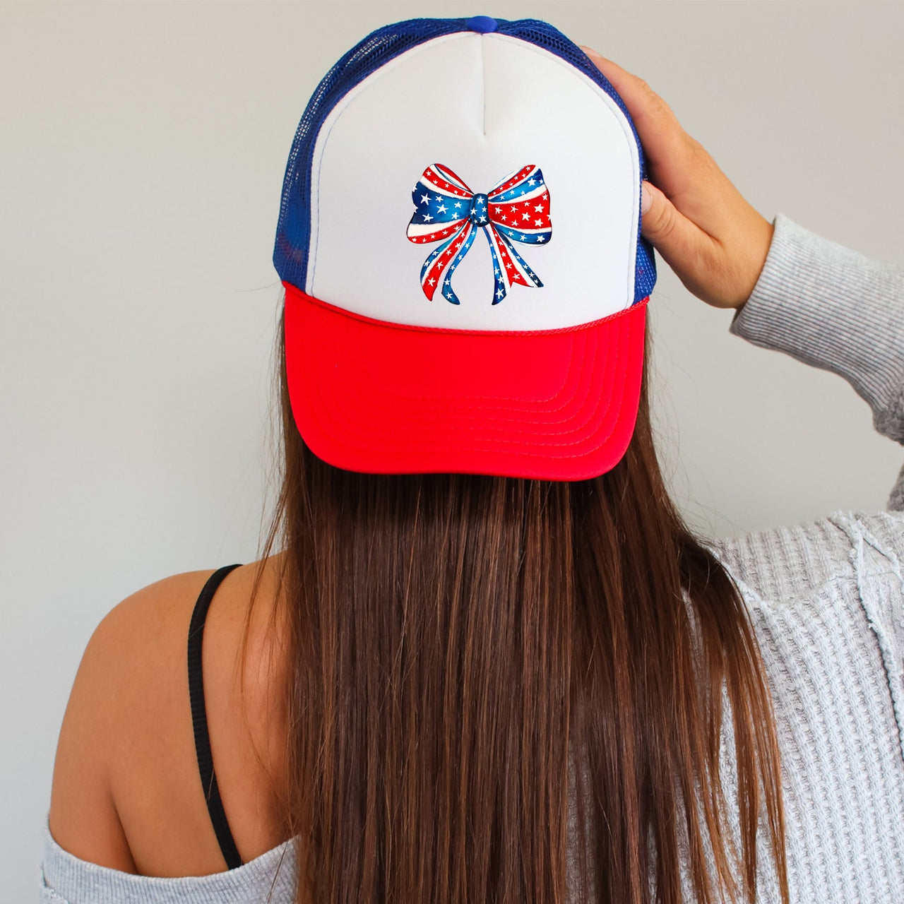 America Ribbon Coquette Patriotic Flag Inspired Stars Stripes Edition Snapback Trucker Hat
