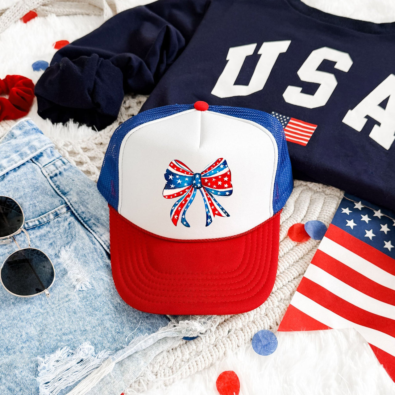 America Ribbon Coquette Patriotic Flag Inspired Stars Stripes Edition Snapback Trucker Hat