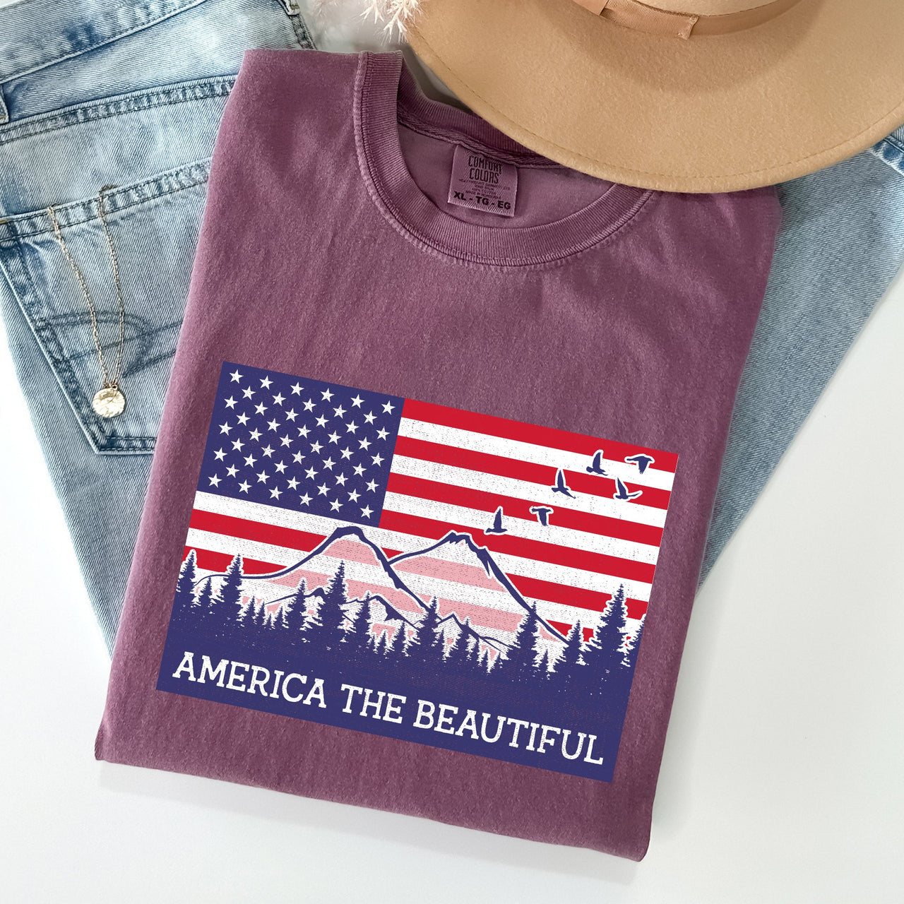 America The Beautiful Flag Mountain Patriotic Landscape Emblem Comfort Colors Tee