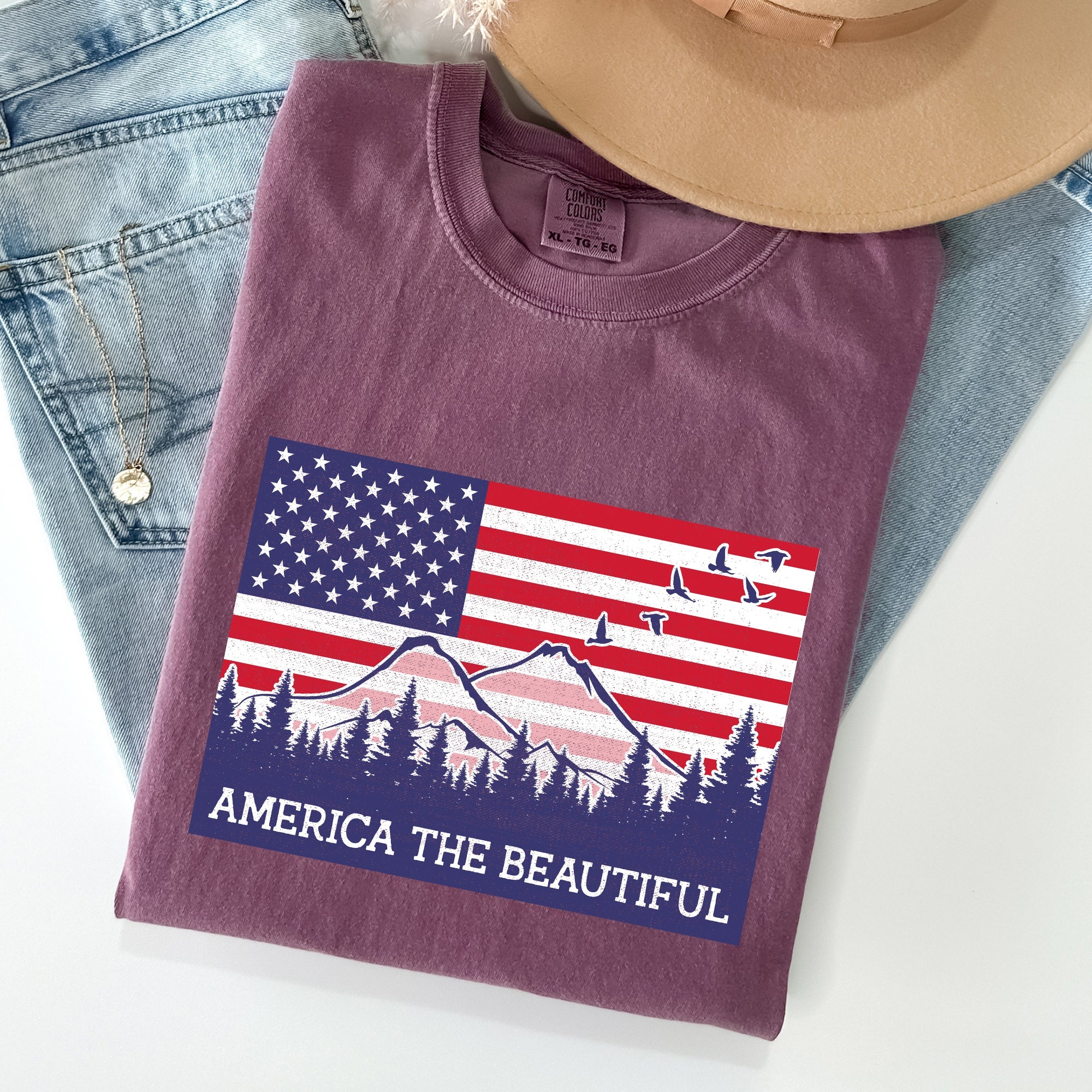 America The Beautiful Flag Mountain Patriotic Landscape Emblem Comfort Colors Tee