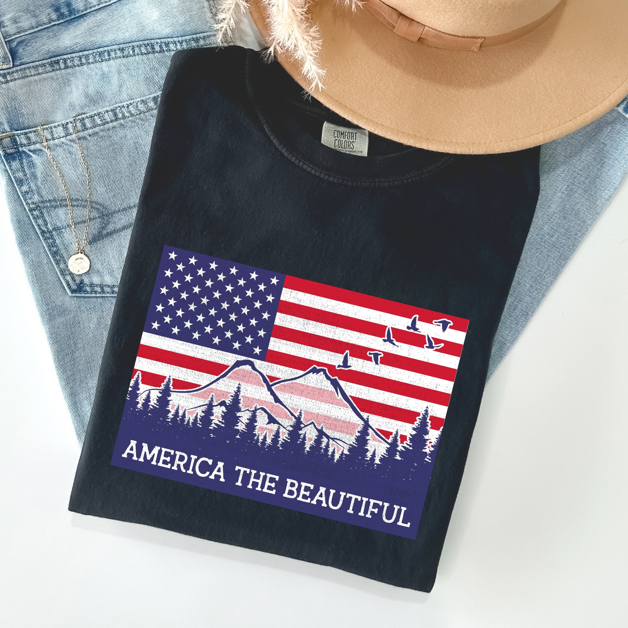 America The Beautiful Flag Mountain Patriotic Landscape Emblem Comfort Colors Tee