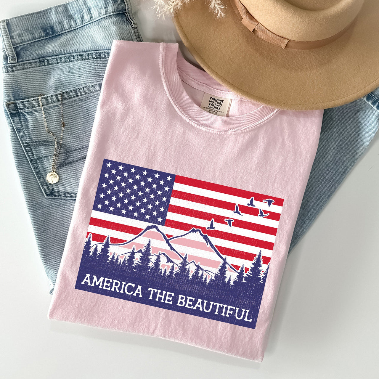 America The Beautiful Flag Mountain Patriotic Landscape Emblem Comfort Colors Tee