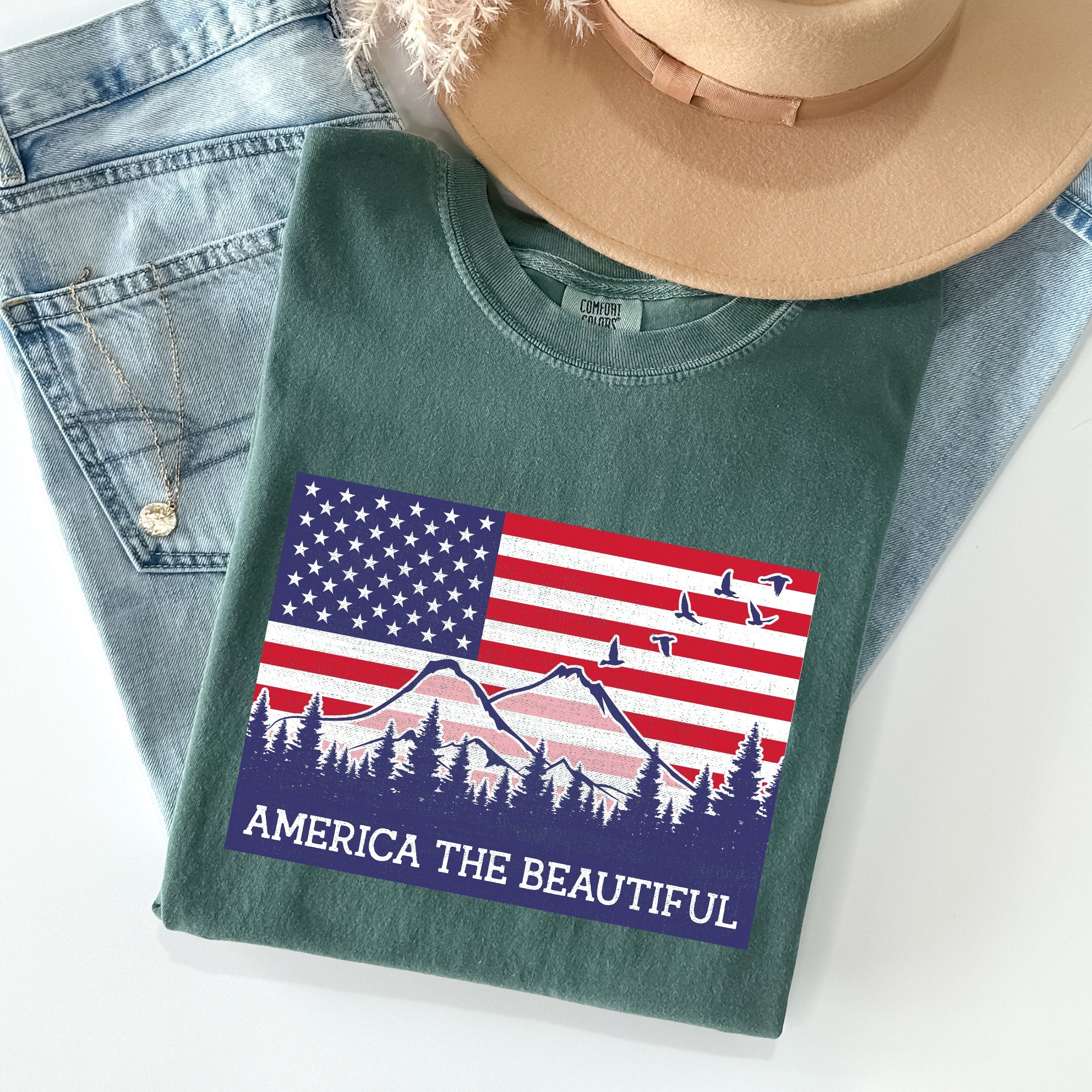America The Beautiful Flag Mountain Patriotic Landscape Emblem Comfort Colors Tee