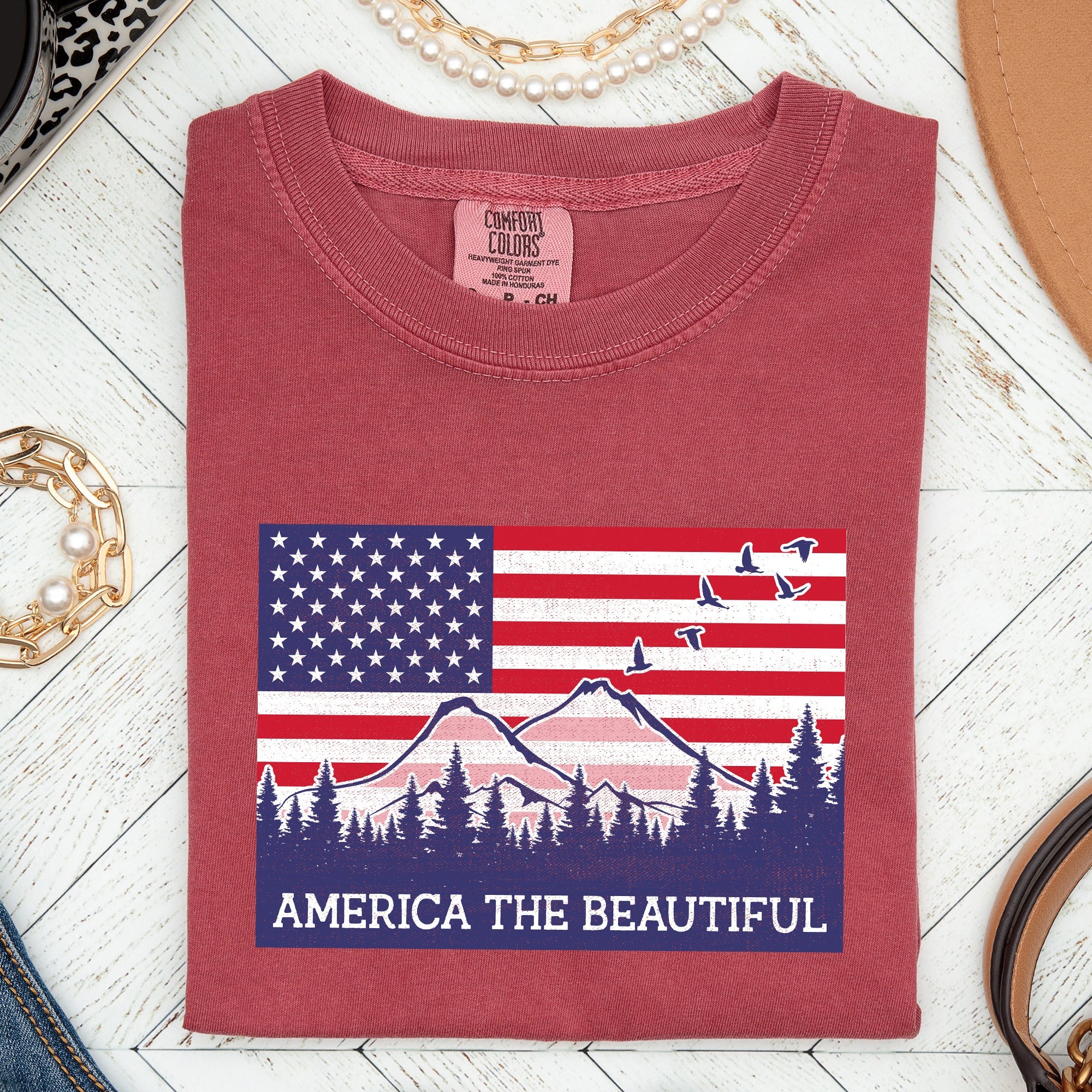 America The Beautiful Flag Mountain Patriotic Landscape Emblem Comfort Colors Tee
