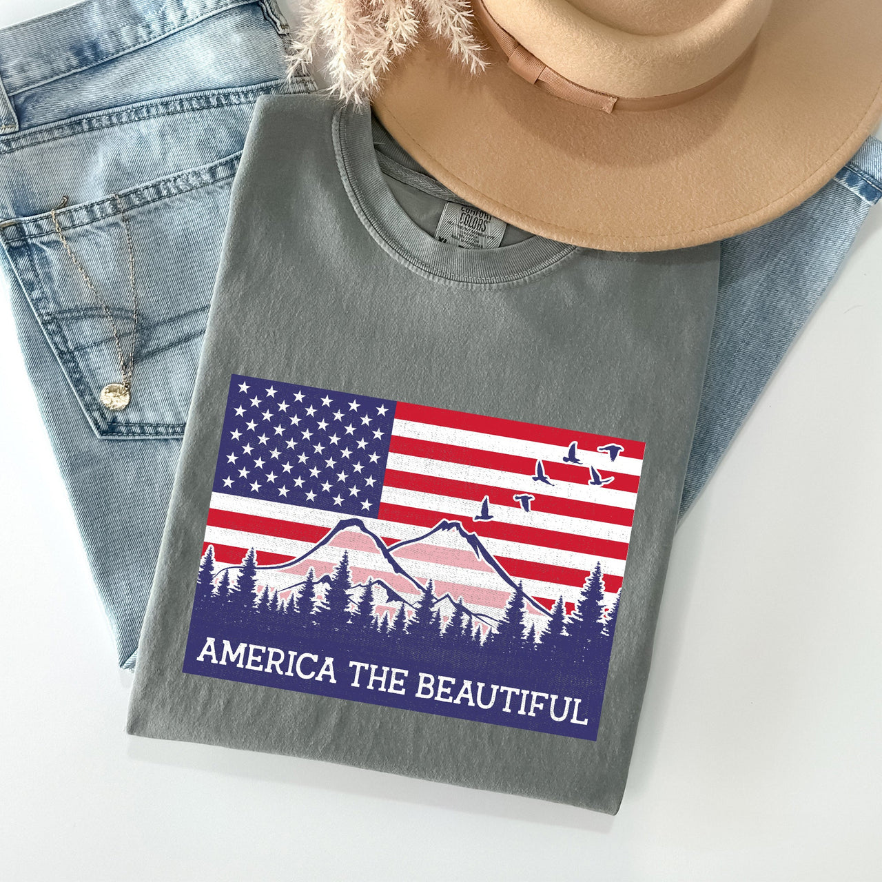 America The Beautiful Flag Mountain Patriotic Landscape Emblem Comfort Colors Tee