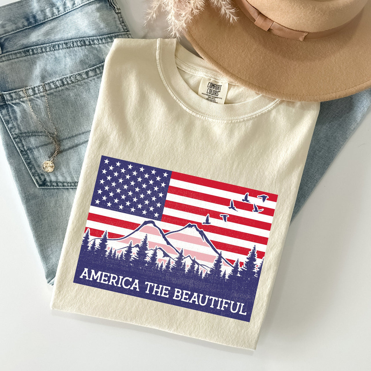 America The Beautiful Flag Mountain Patriotic Landscape Emblem Comfort Colors Tee