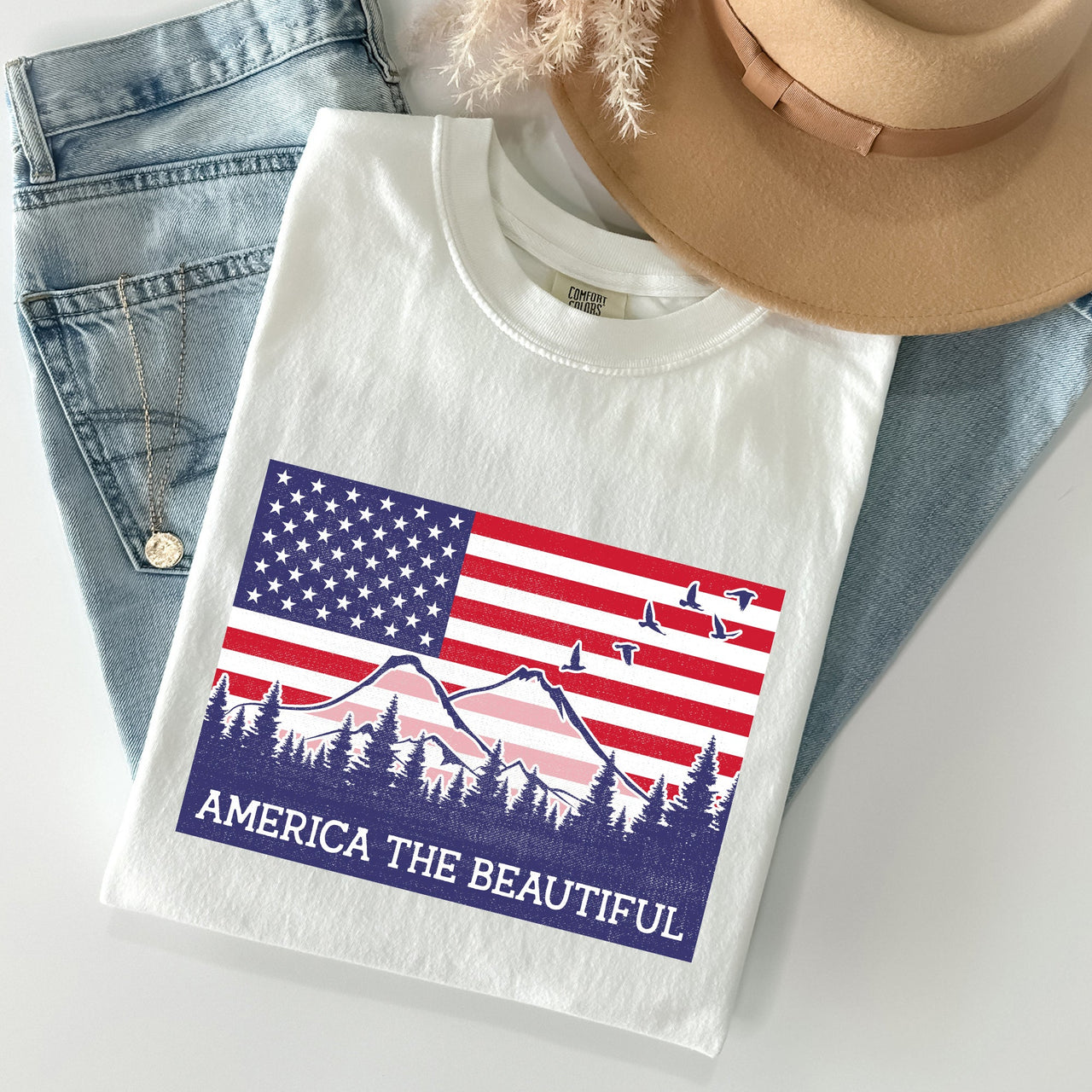 America The Beautiful Flag Mountain Patriotic Landscape Emblem Comfort Colors Tee