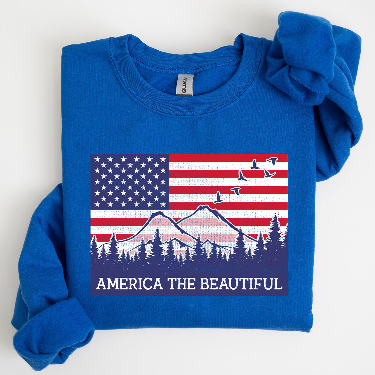 America The Beautiful Flag Mountains Patriotic Scenic Wilderness Outdoor Adventure Sweatshirt