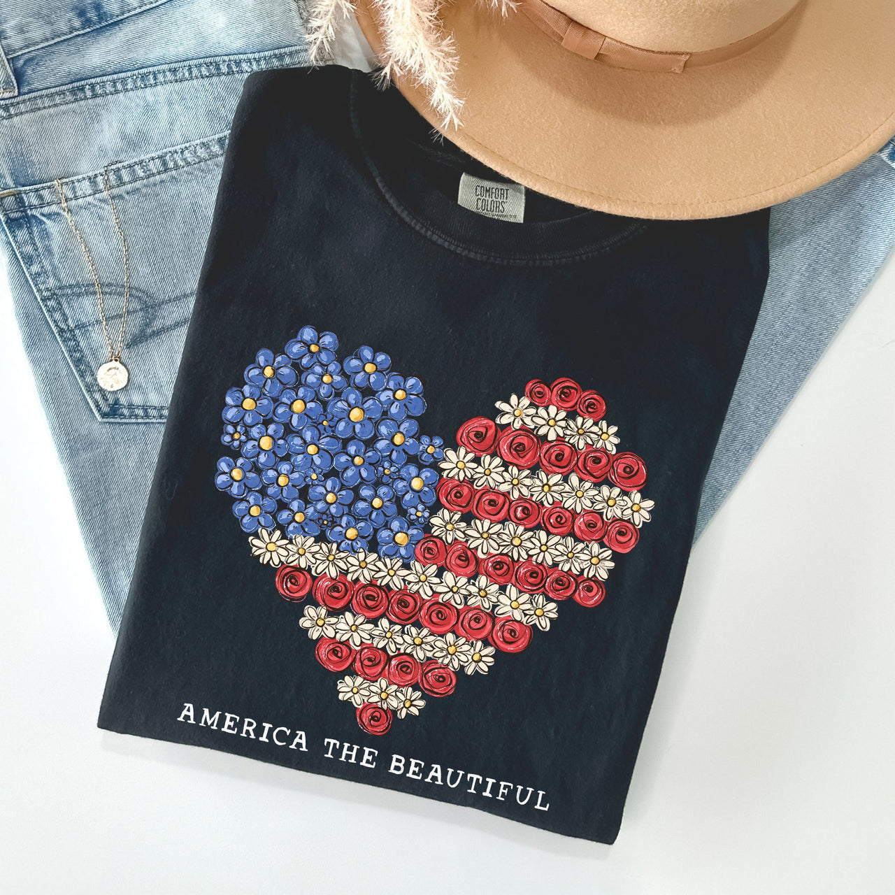 America The Beautiful Flowers Heart Flag Patriotic Floral Design Comfort Colors Tee