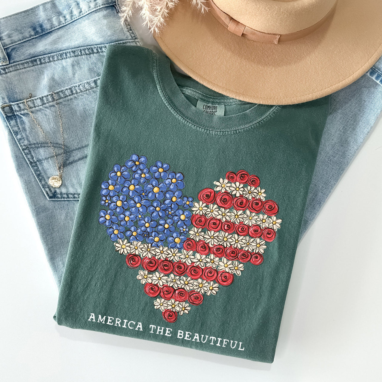 America The Beautiful Flowers Heart Flag Patriotic Floral Design Comfort Colors Tee