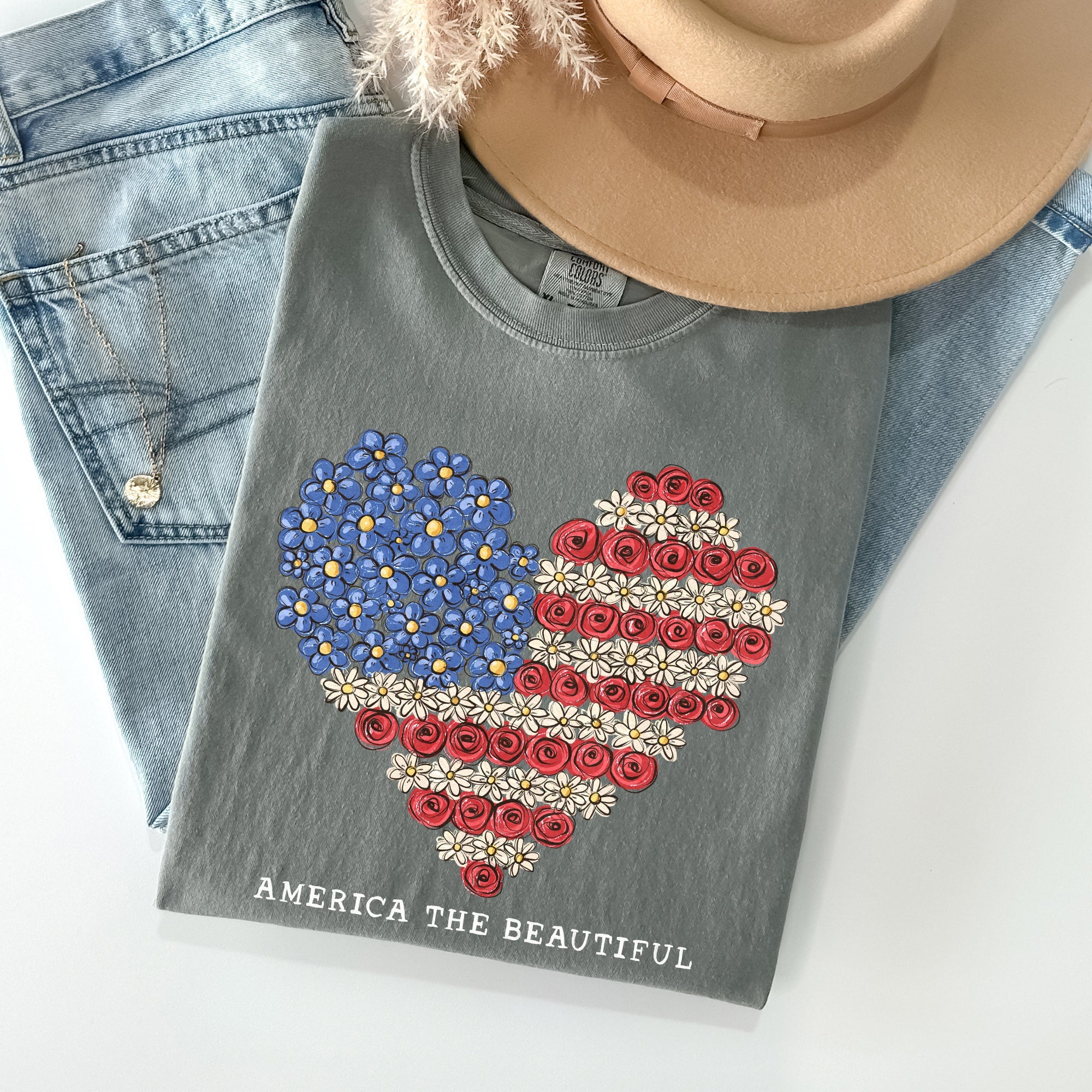 America The Beautiful Flowers Heart Flag Patriotic Floral Design Comfort Colors Tee